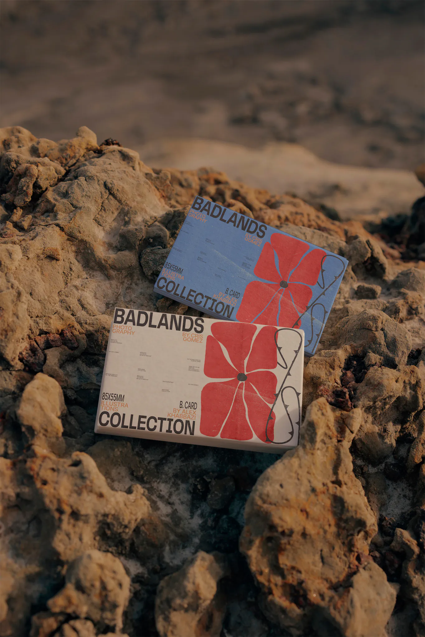 2 blocks of business card mock-ups on a rocky surface