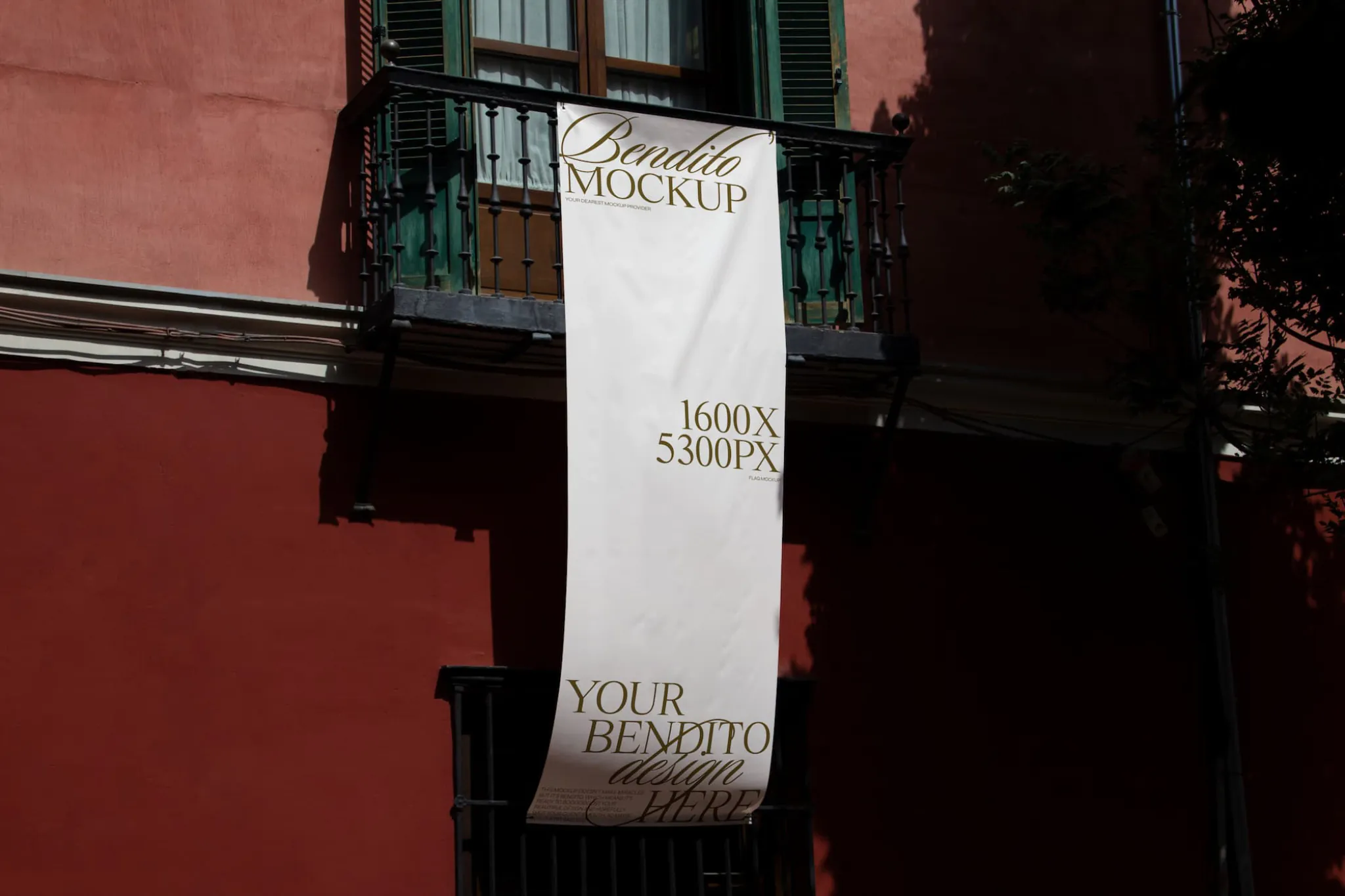 Flying banner hanging on cultural building.