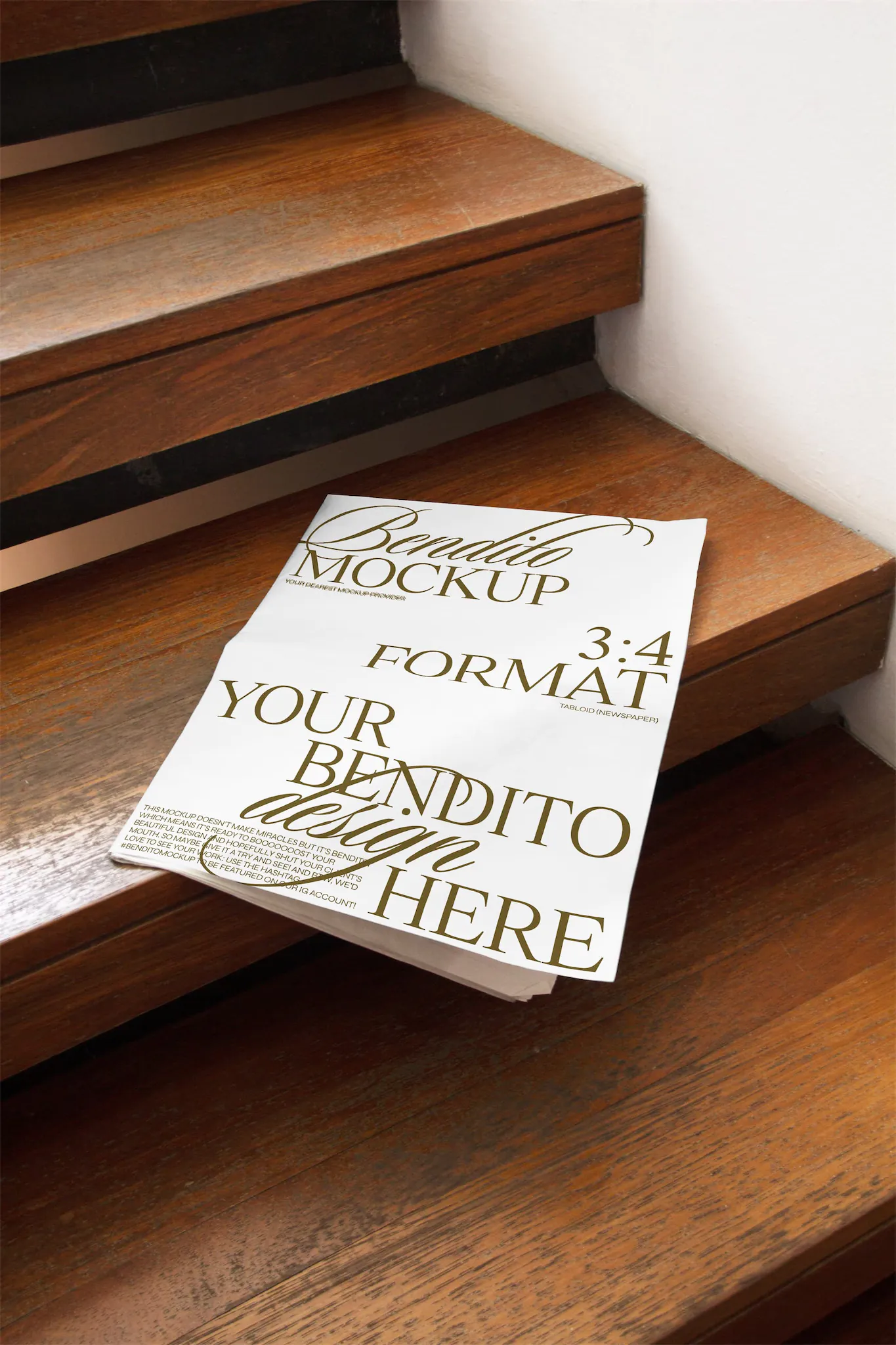 Newspaper mockup on wooden stairs.