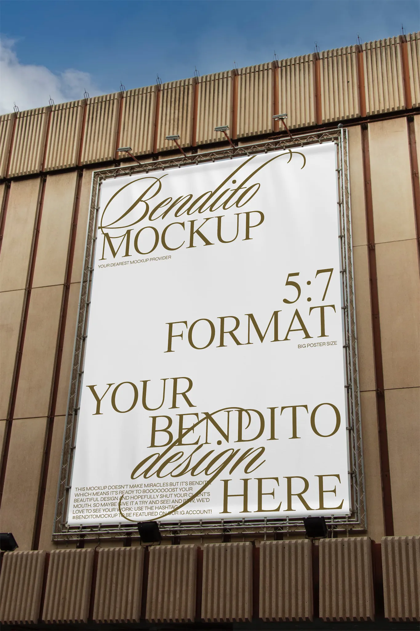 Big poster mockup hanging on brutalist building.