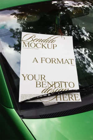 Poster mockup on the windshield of a car.