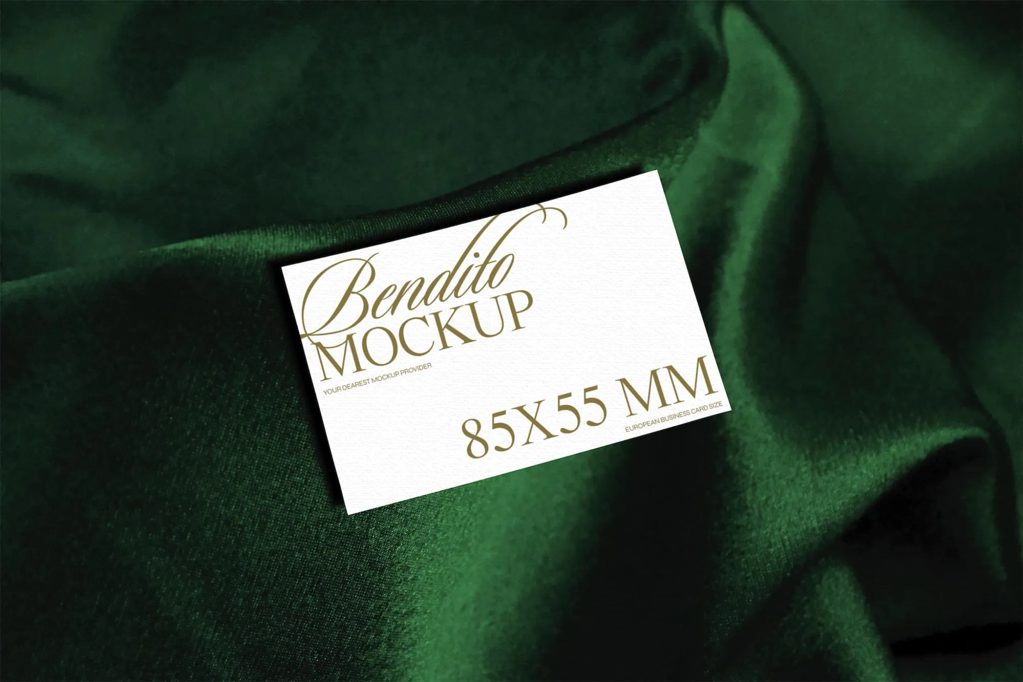Business card mockup on green silk texture with flash light.