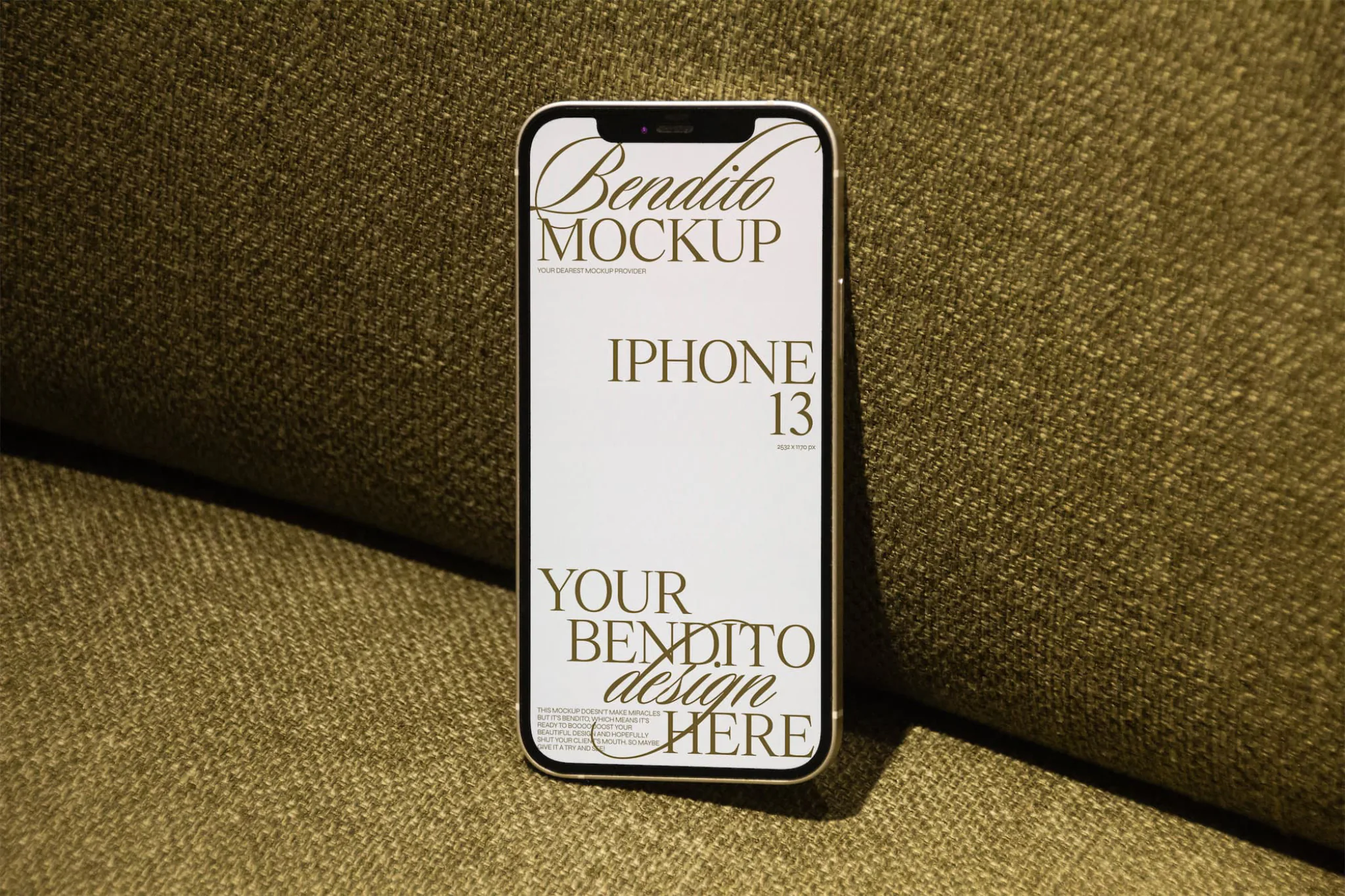 Iphone mockup on elegant fabric background.