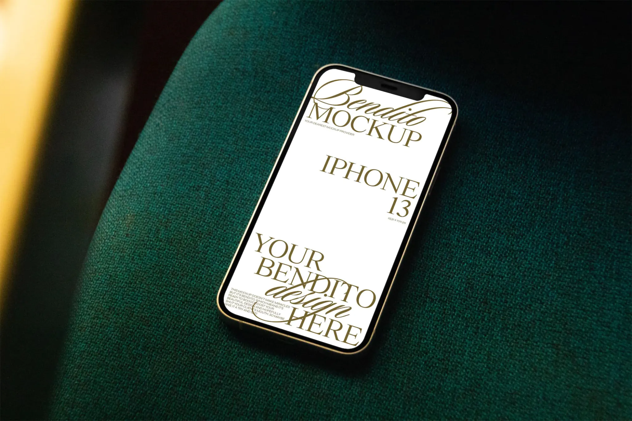 Iphone mockup on green elegant fabric background.