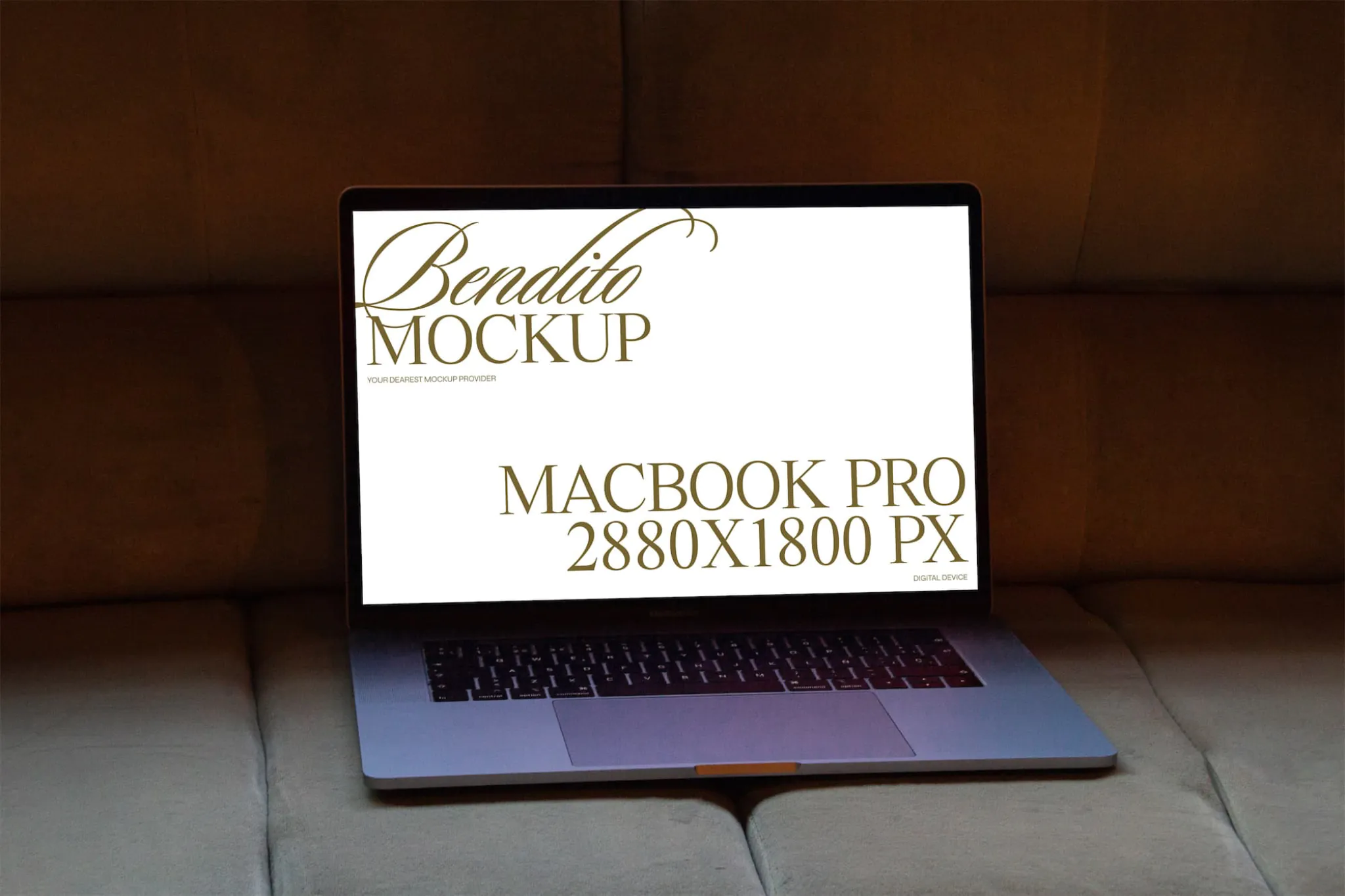 Macbook mockup on beige velvet fabric background.