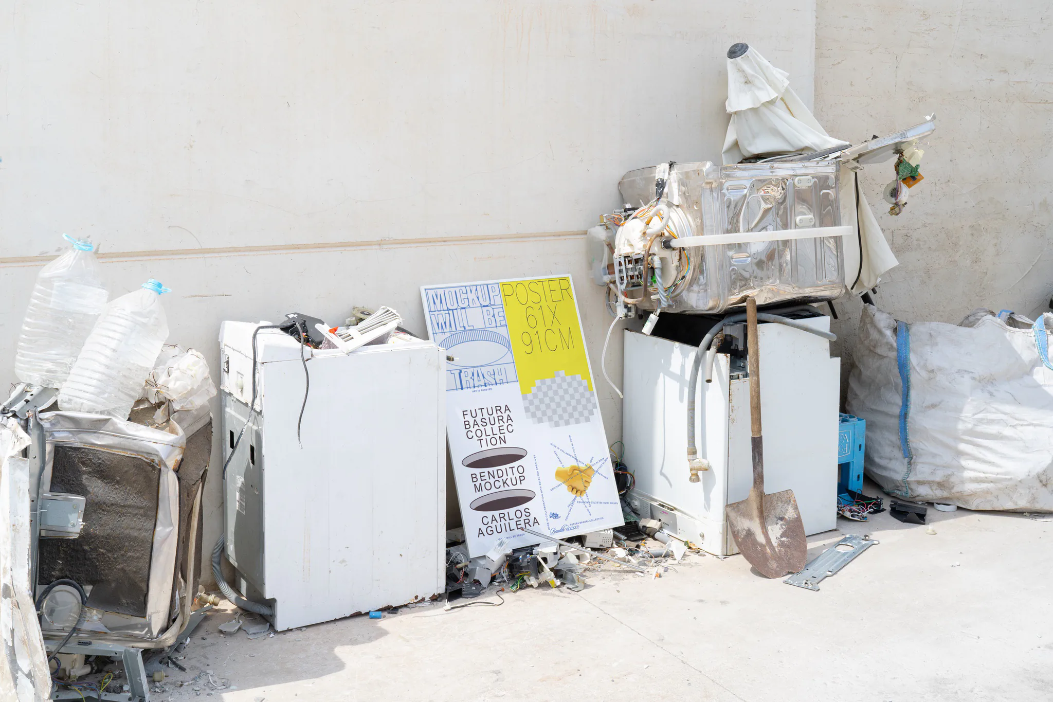 Urban poster mockup surrounded by electronic waste.