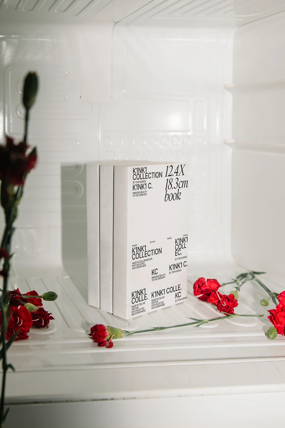 Several paperback book mockups in the inside of a refrigerator decorated with red flowers.