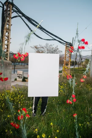 Creative poster mockup grabbed by a girl in the middle of a flower field.