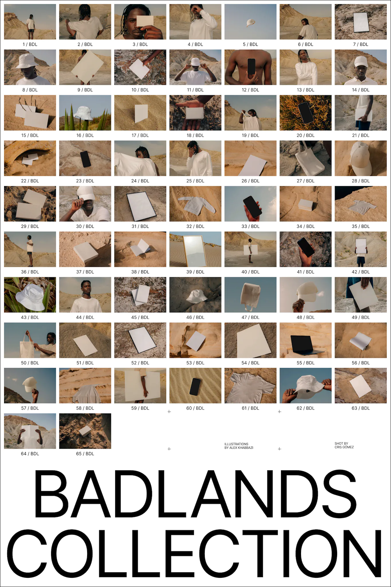 Image layout masonry that contains the 65 images from Badlands Collection, with all the mockups photographed in the desert.