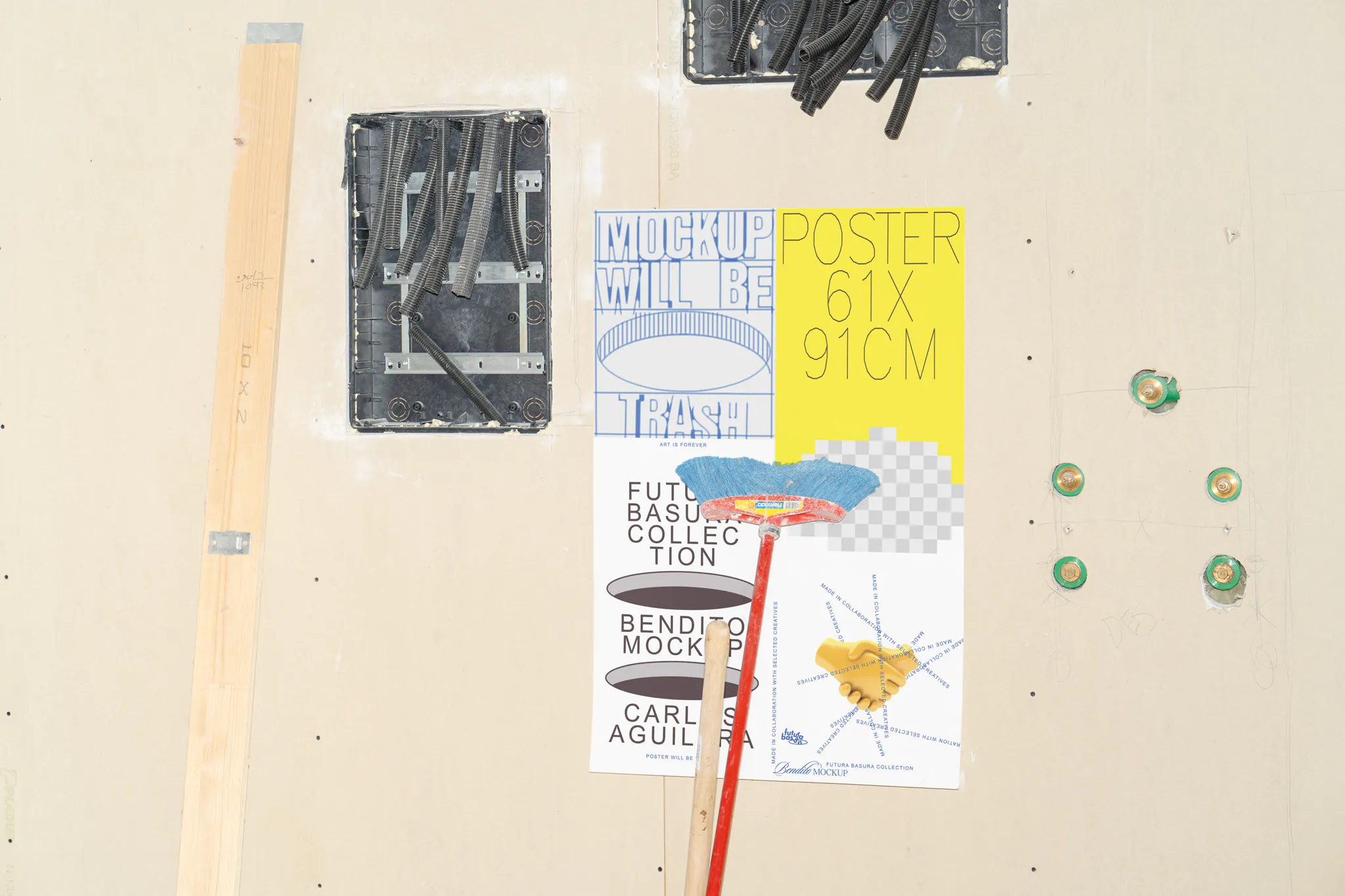 Poster mockup on a building construction wall with a broom in front and a piece of wood next to it