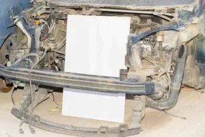 Poster frame mockup inside the engine of a car