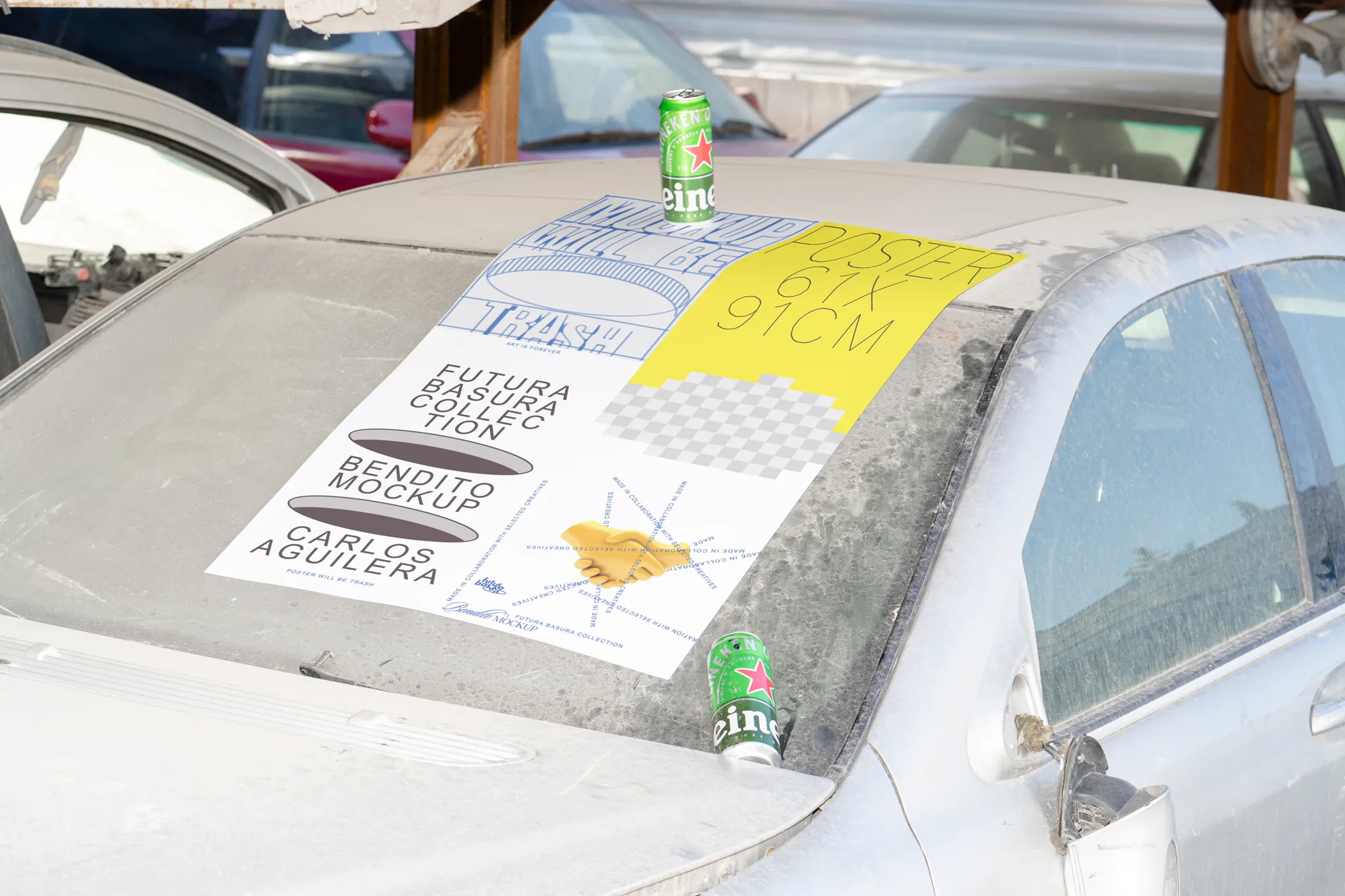 Poster mockup on top of a dirty and dusty car