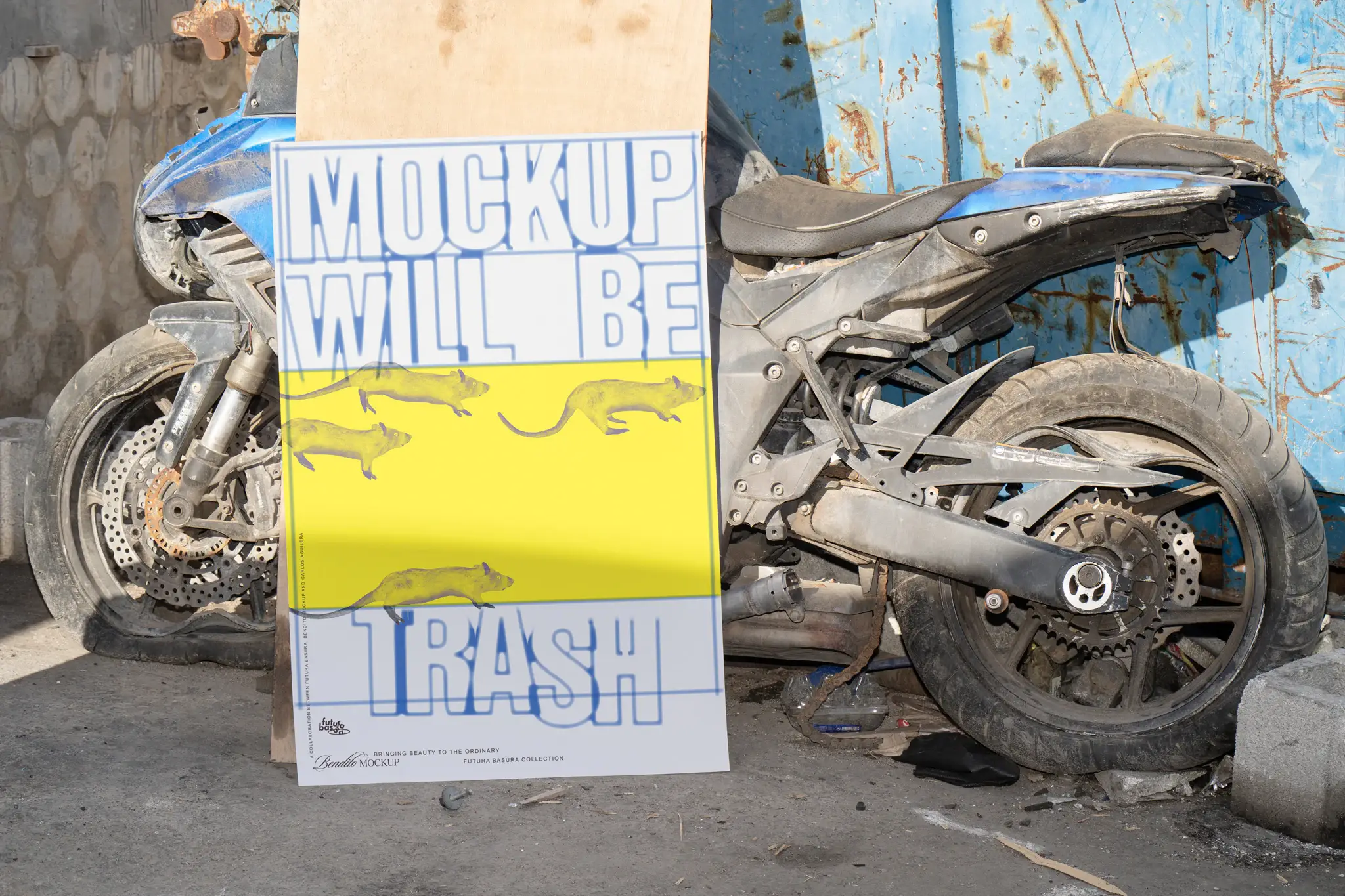 Poster mockup in front of a junk motorbike