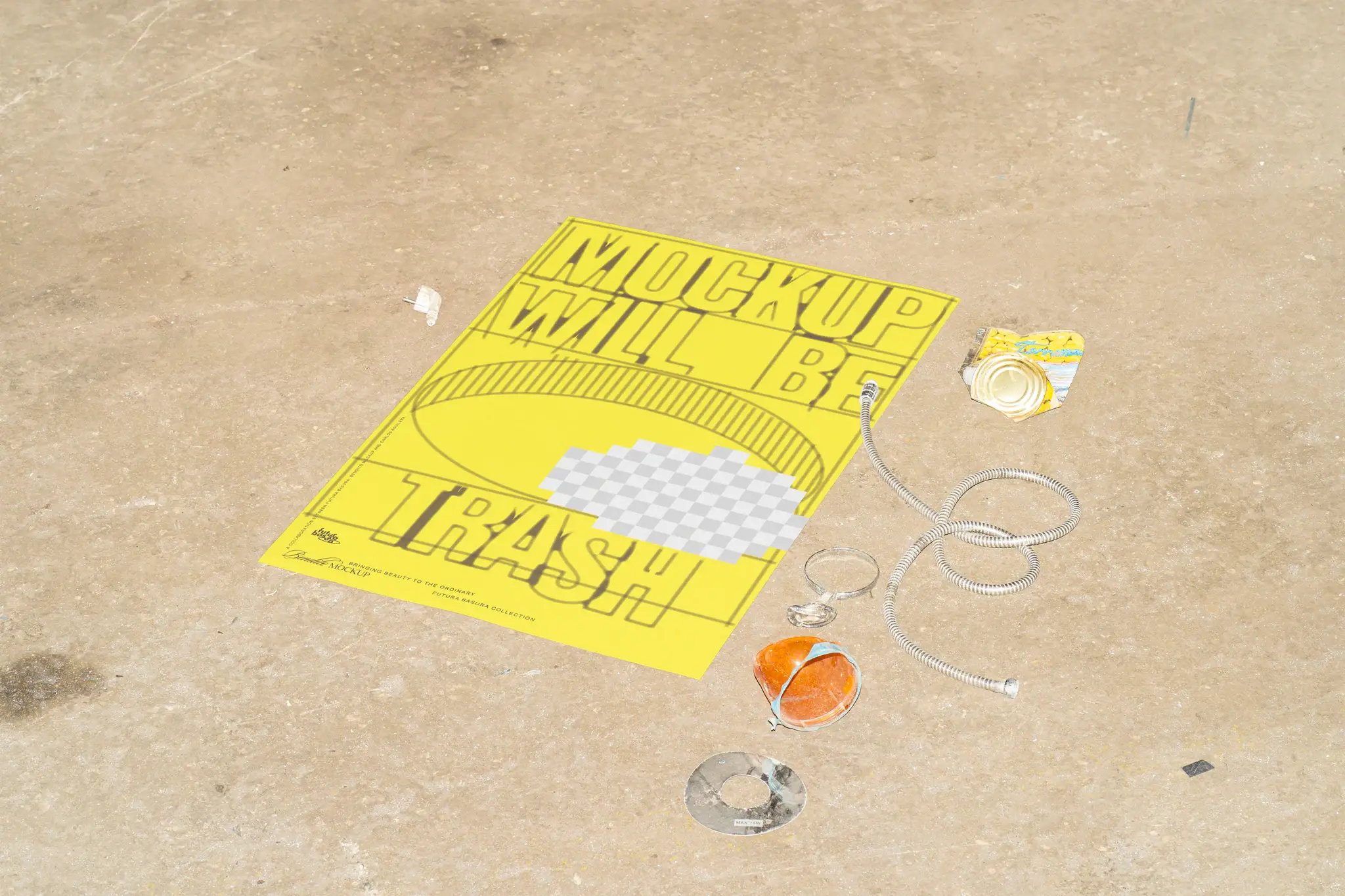 Poster mockup on the ground surrounded by trashy objects