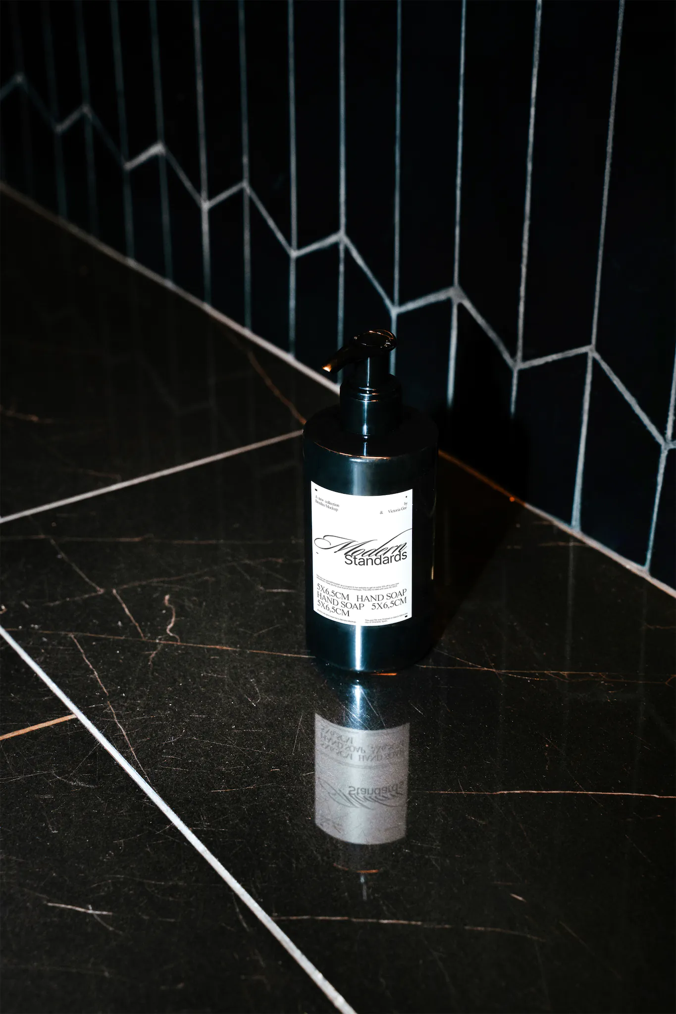 Hand soap mockup over a fancy marble floor