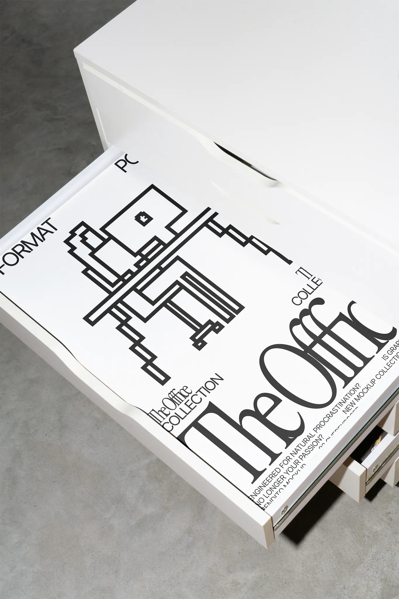 A-Format poster mockup inside a white chest of drawers
