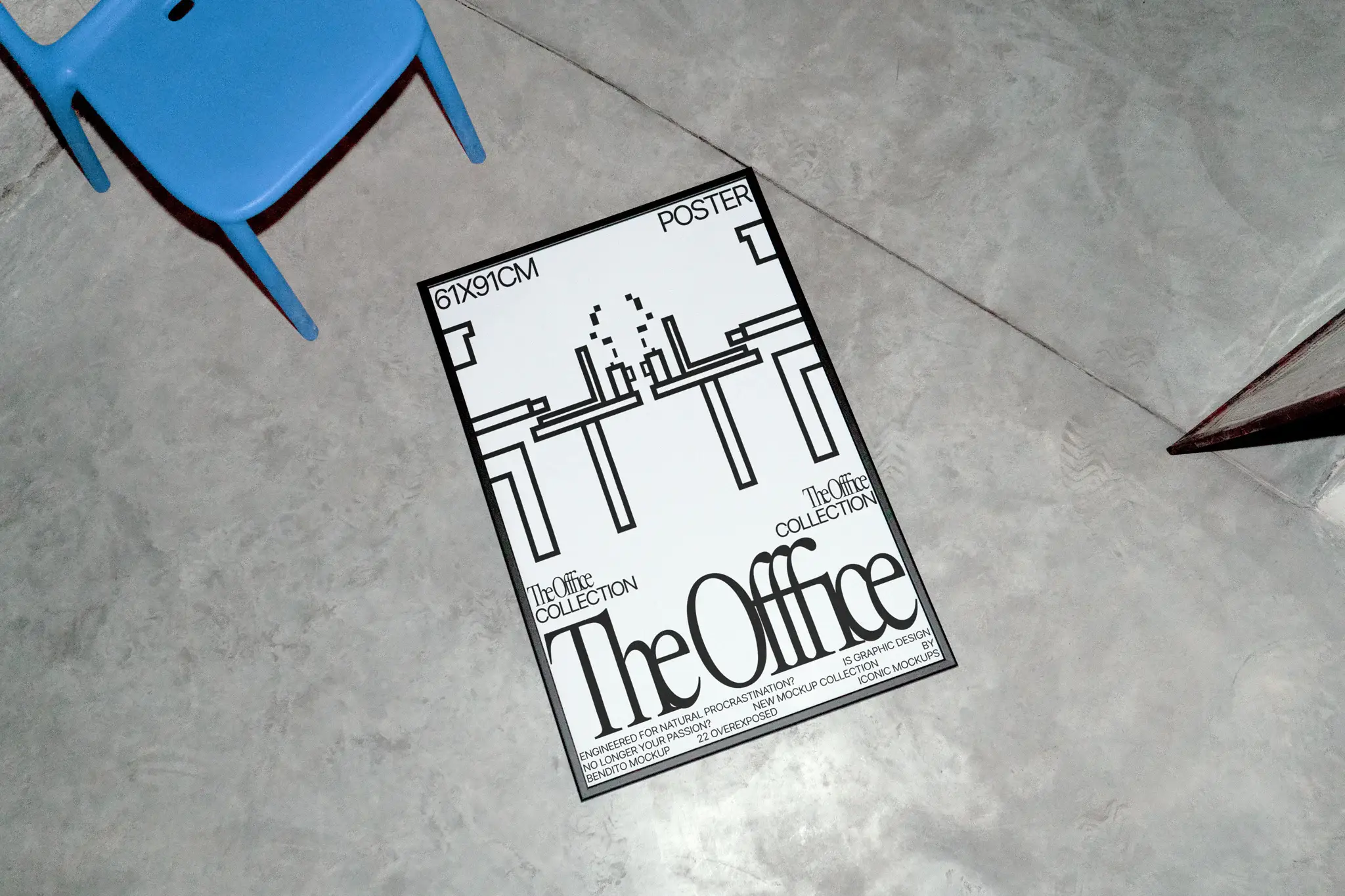 61x91cm poster mockup over a concrete floor near an blue chair