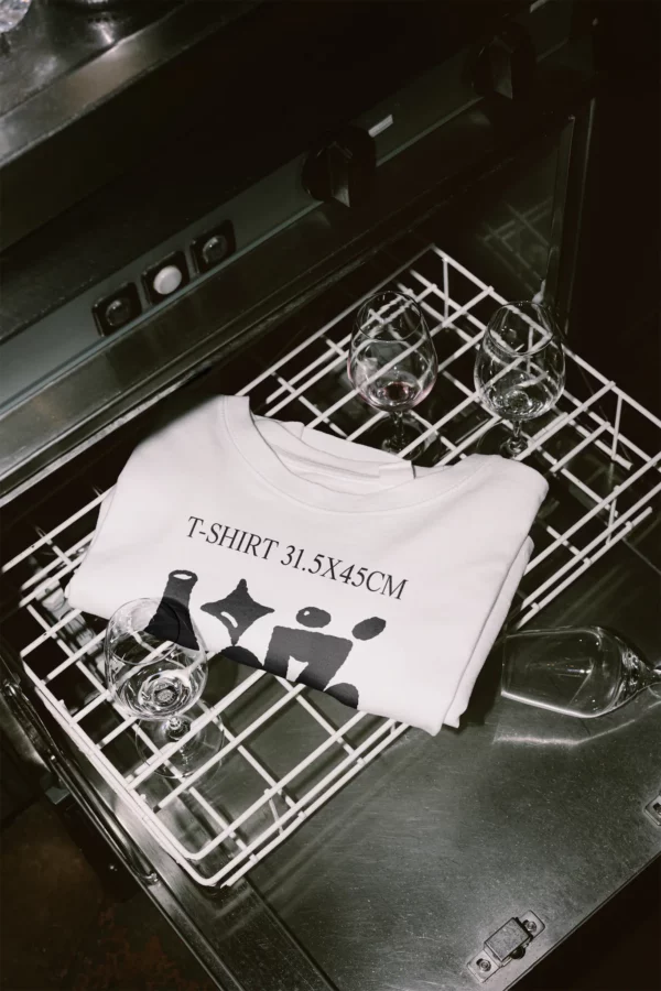White t-shirt front PSD mockup. T-shirt mockup placed in the interior of a dishwasher, surrounded by glasses of wine. Wine merchandising mockup. Restaurant mockup. Wine bar mockup. Fashion and apparel mockup.