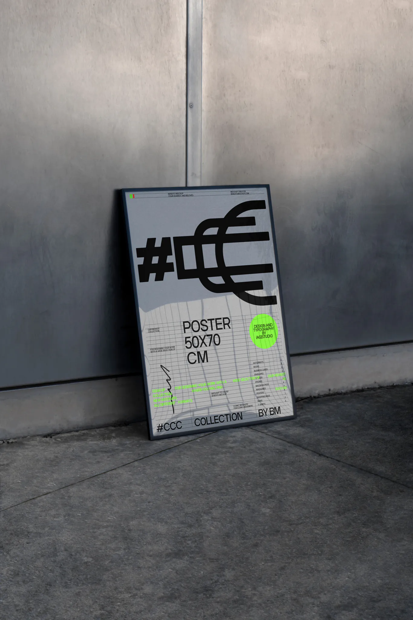 Framed poster mockup leaning against a metal wall in an industrial space. Advertising mockup.