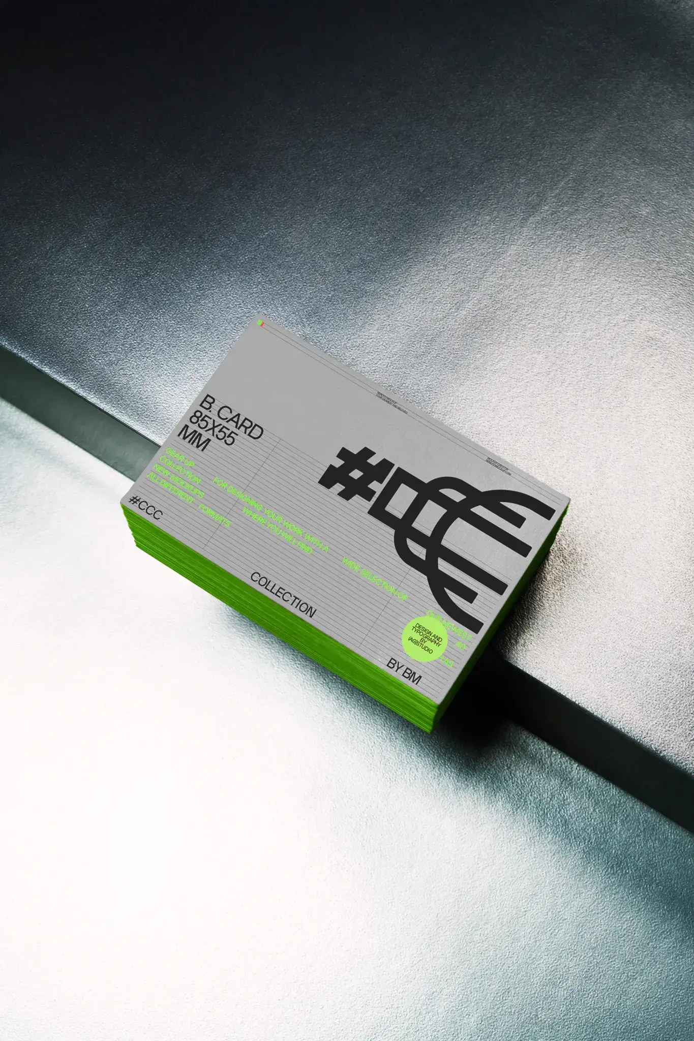 Business card mockup. Block of business cards placed on a metal surface. Branding mockup.