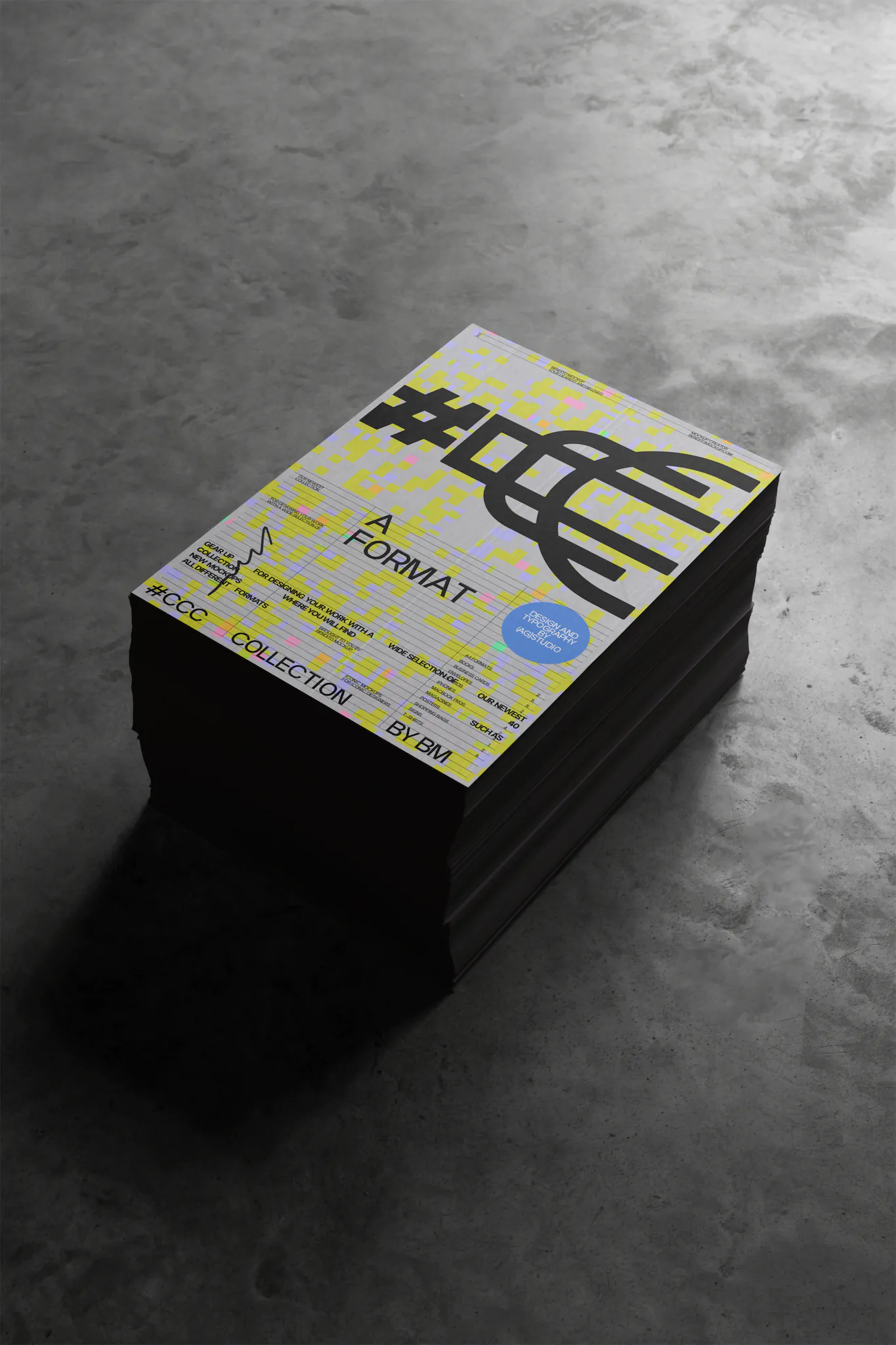 Block of A-Format mockup, resting on a concrete floor in an industrial space.