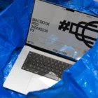 Device mockup. Macbook Pro inside a blue raffia bag. Tech mockup.