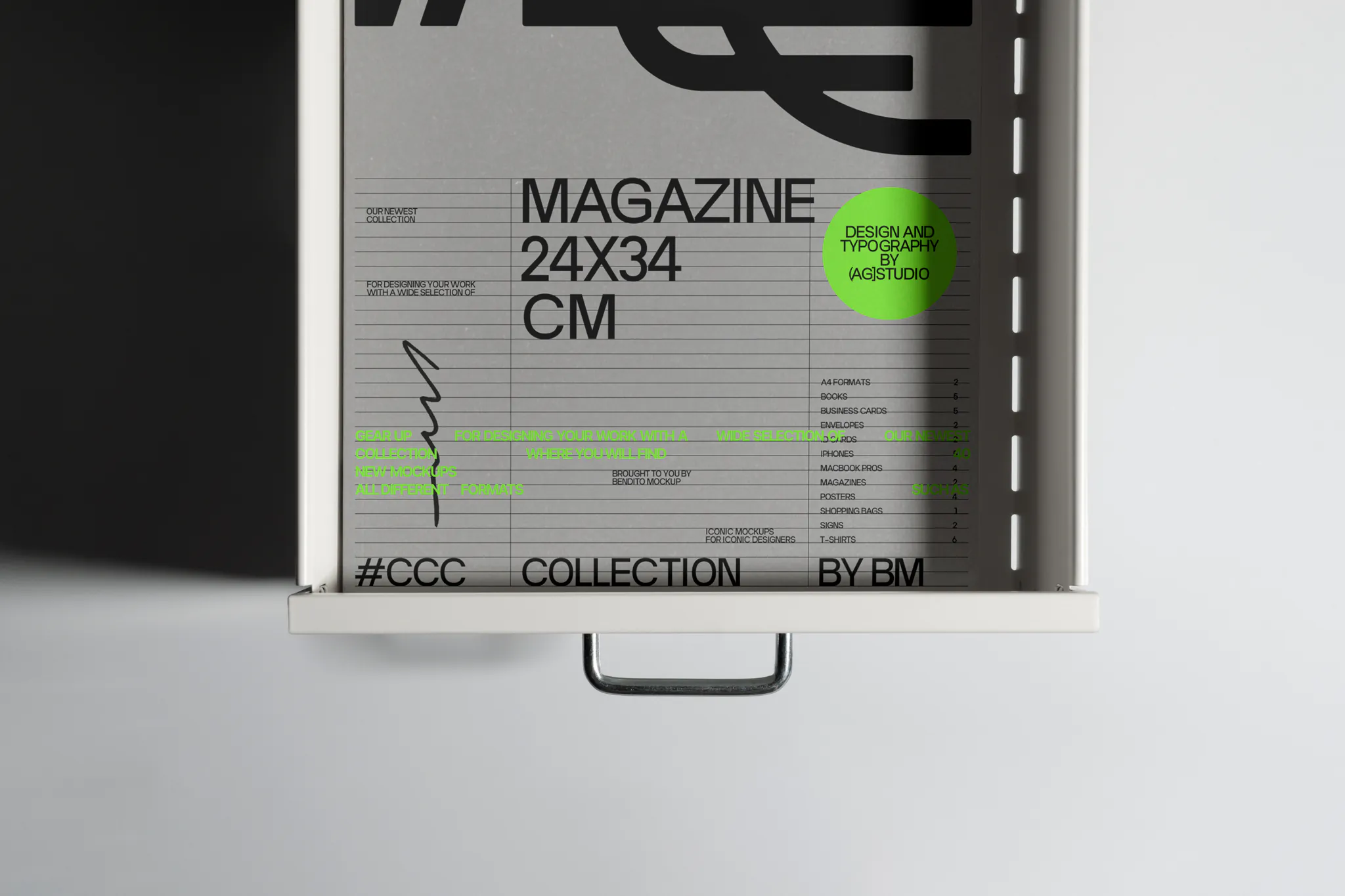 Magazine PSD mockup inside an white office drawer. Editorial mockup.