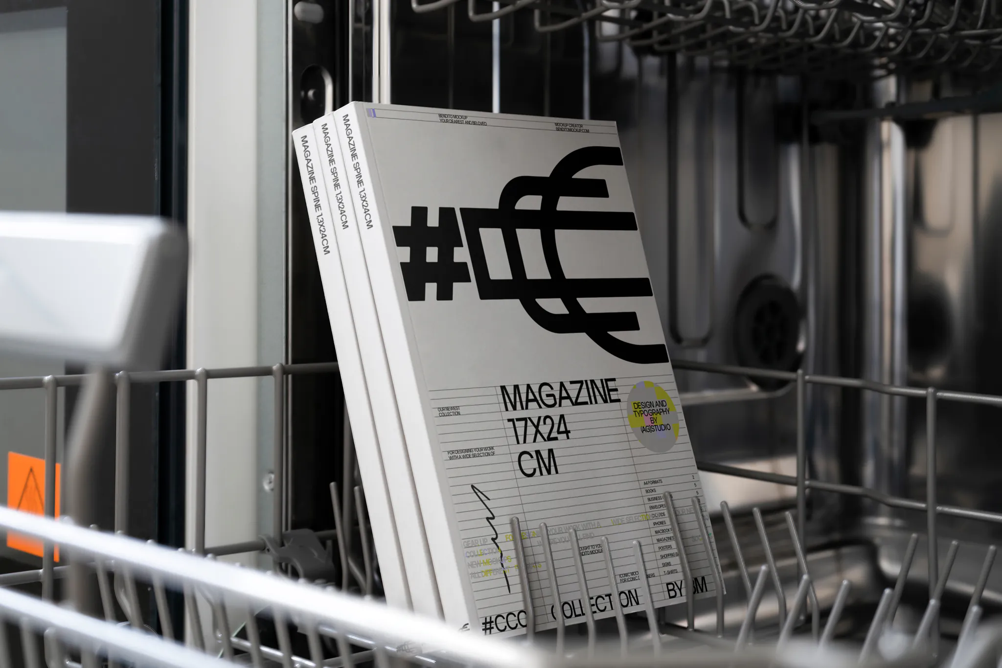 Magazine mockup. Set of magazines that are inside the structure of a dishwasher. Editorial mockup.
