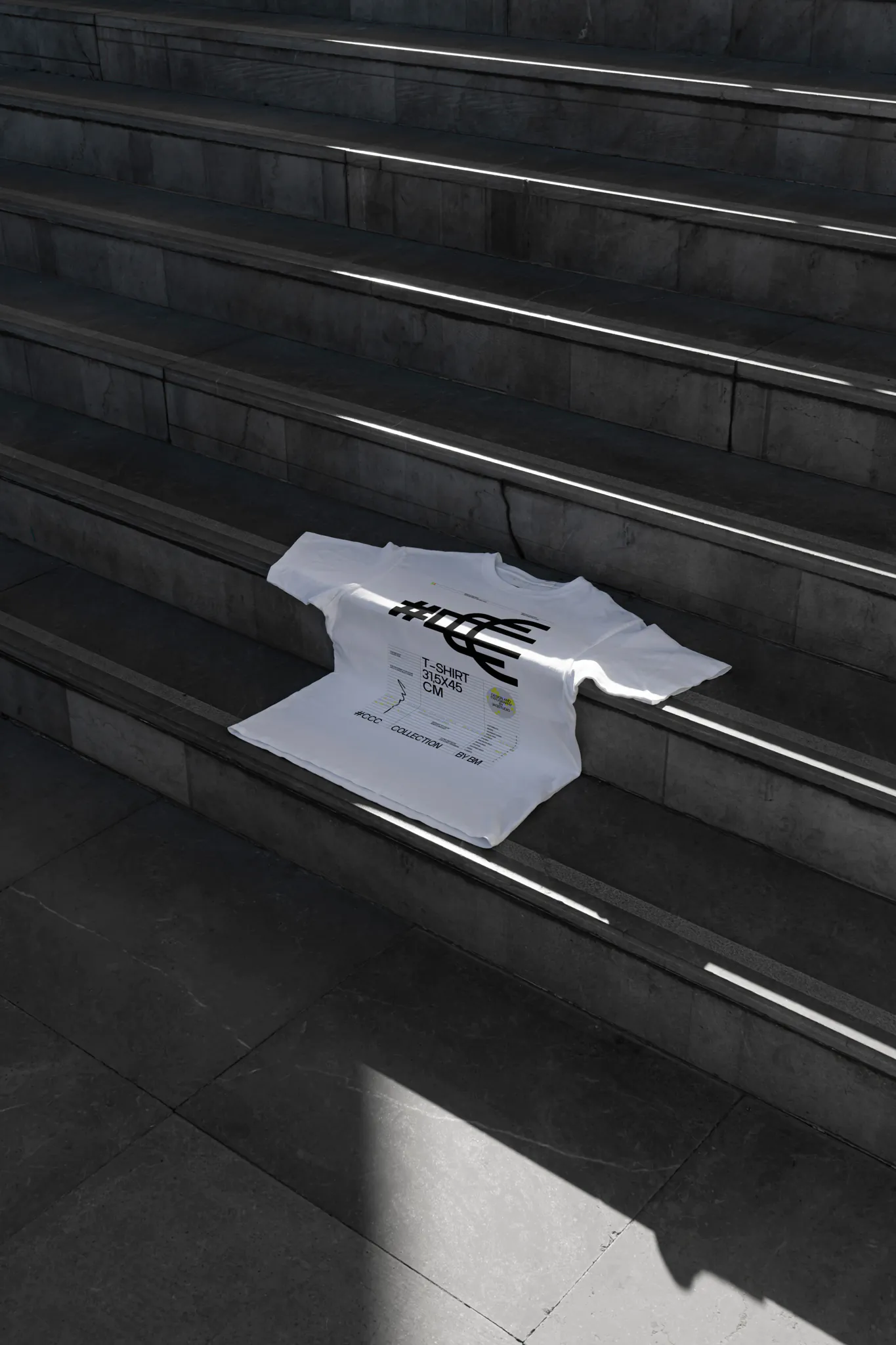 White t-shirt PSD mockup. T-shirt mockup placed on concrete stairs. Fashion and apparel mockup.