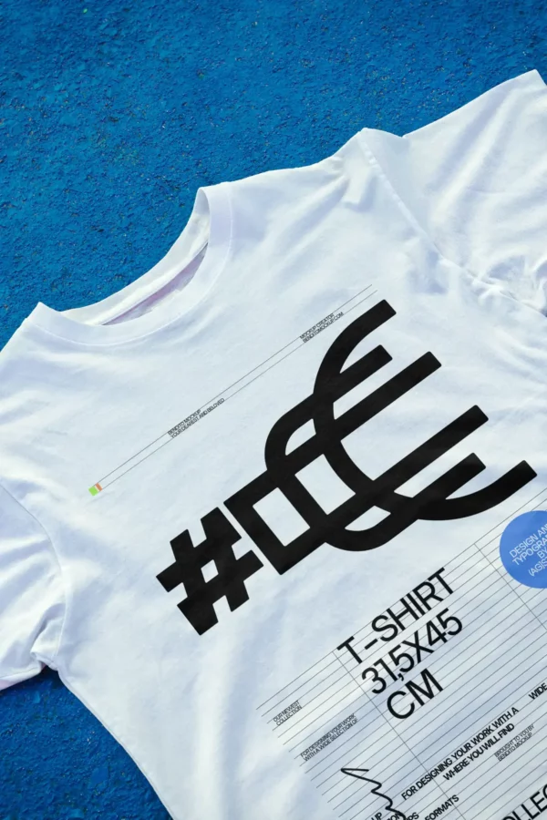 T-Shirt mockup. Close-up of a t-shirt that is placed over the floor of a blue baskeball court. Street mockup. Fashion and apparel mockup.