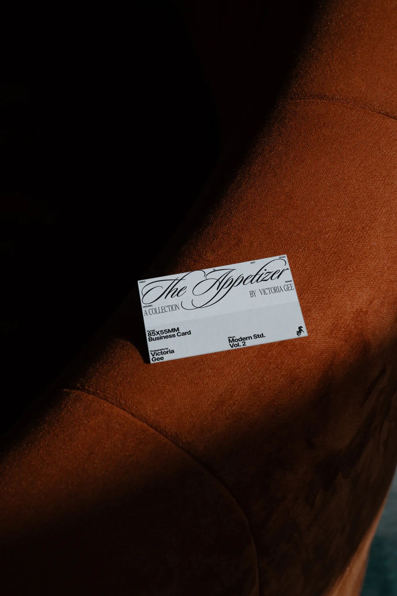 Business card mockup on top of a fancy orange couch. Branding mockup.