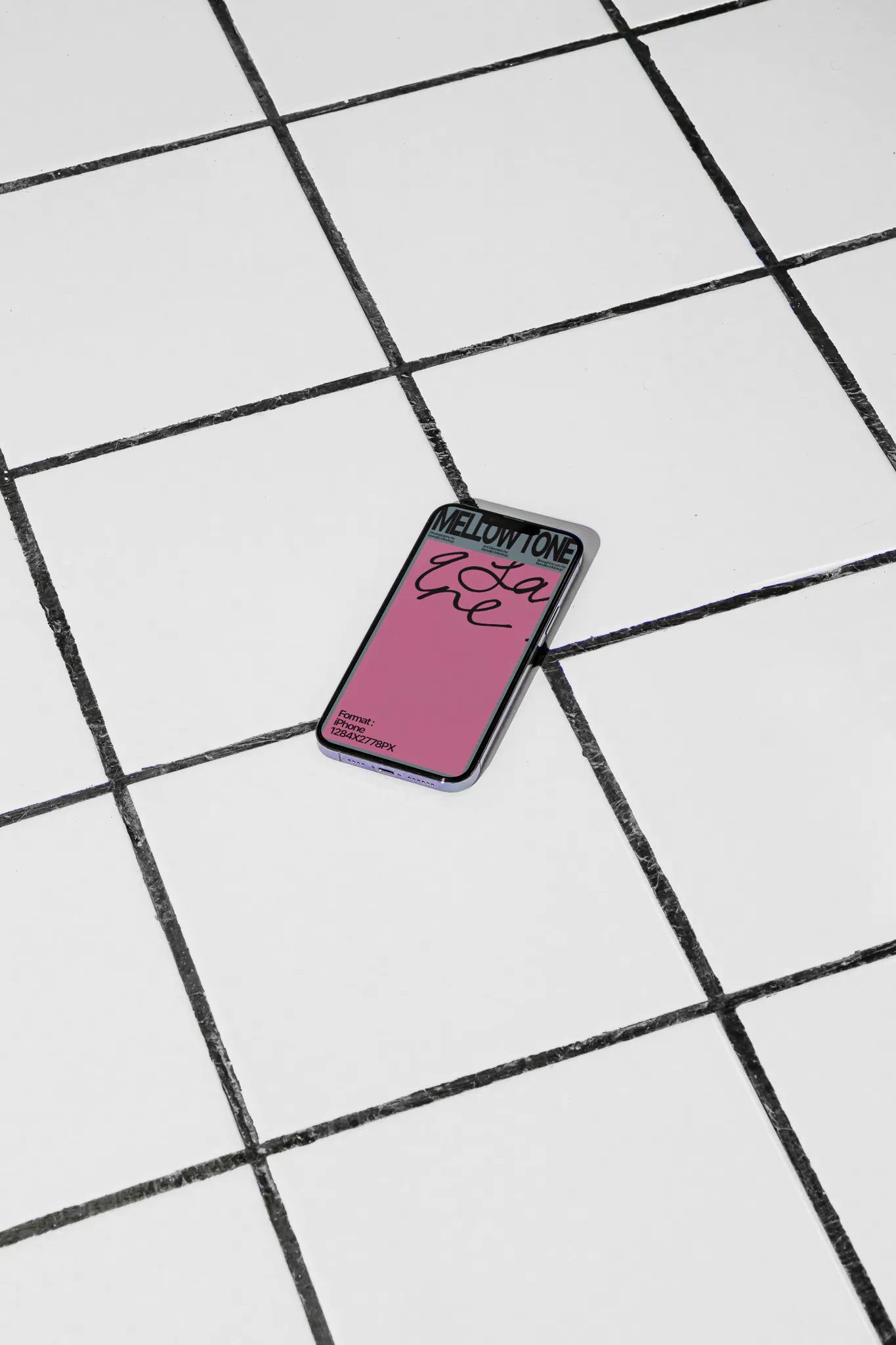 Premium and curated iPhone mockup resting on a floor made of white tiles. High-quality mockup on top of a white tiled surface. iPhone mockup PSD file with modern, contemporary photography.