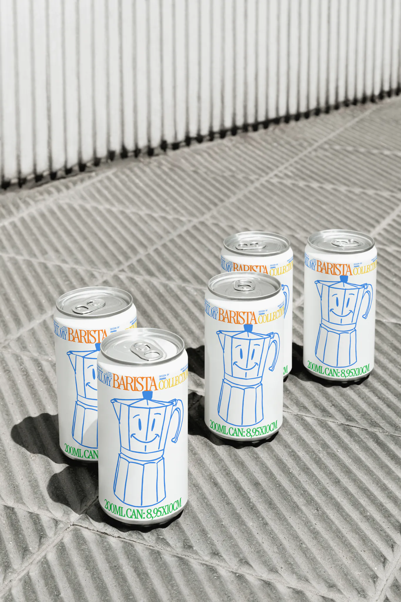Aluminum can mockups laying on the street, urban scenario, modern style. Pack of aluminum can mockups on concrete surface. Beverage mockup, soft drink can mockup, label mockup, beer can mockup, packaging mockup, cold brew mockups, premium quality.