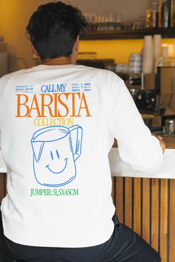 Jumper mockup being worn by a man, white jumper mockup, sweater mockup, back side, man wearing a sweater in a cafeteria, boy wearing a jumper in a restaurant, man wearing a jumper in a bar, fashion mockup, clothing mockups, real photography, natural shadows, PSD file mockup, high quality mockup.