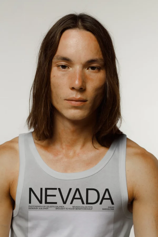 Male with long hair wearing a white tank top mockup, tank top mockup, high quality fashion mockup, fashion mockup, apparel mockup, PSD file.