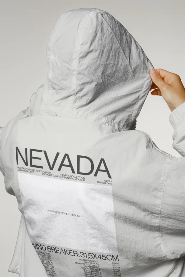 Female on her back wearing a white wind breaker mockup, PSD file of a white wind breaker mockup, clothing mockup, apparel mockup, fashion mockup, fashion editorial mockup, wind breaker mockup, premium quality apparel mockup.