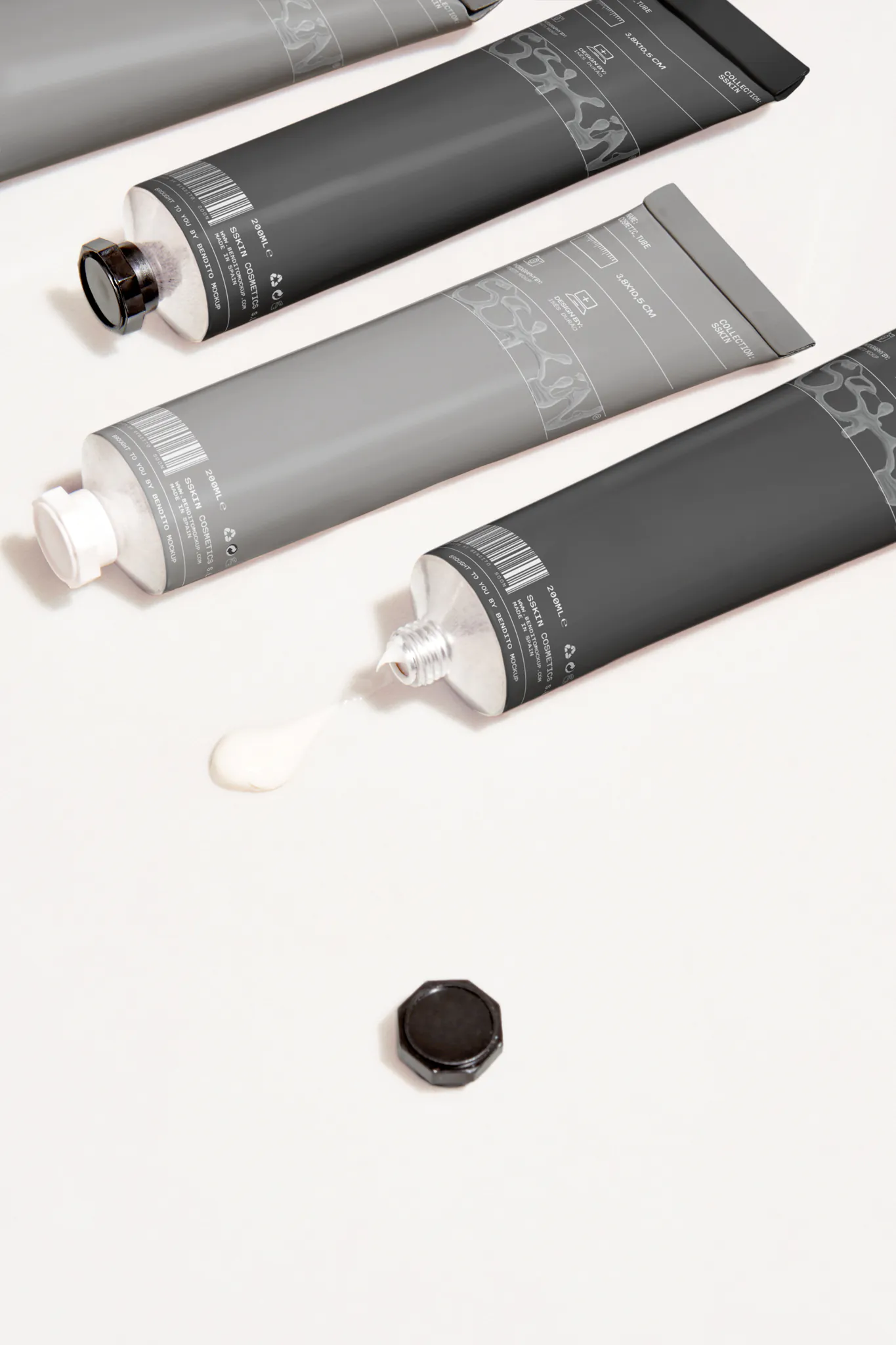 Set of cosmetic tubes mockup on a white surface. Cosmetic tube mockup. Skin care packaging mockup. Premium quality skin care mockup.