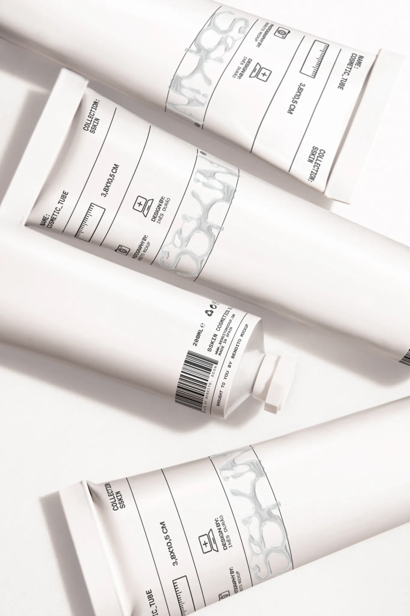 Set of cosmetic tubes mockup on a white surface. Cosmetic tube mockup. Skin care packaging mockup. Skin care PSD file.