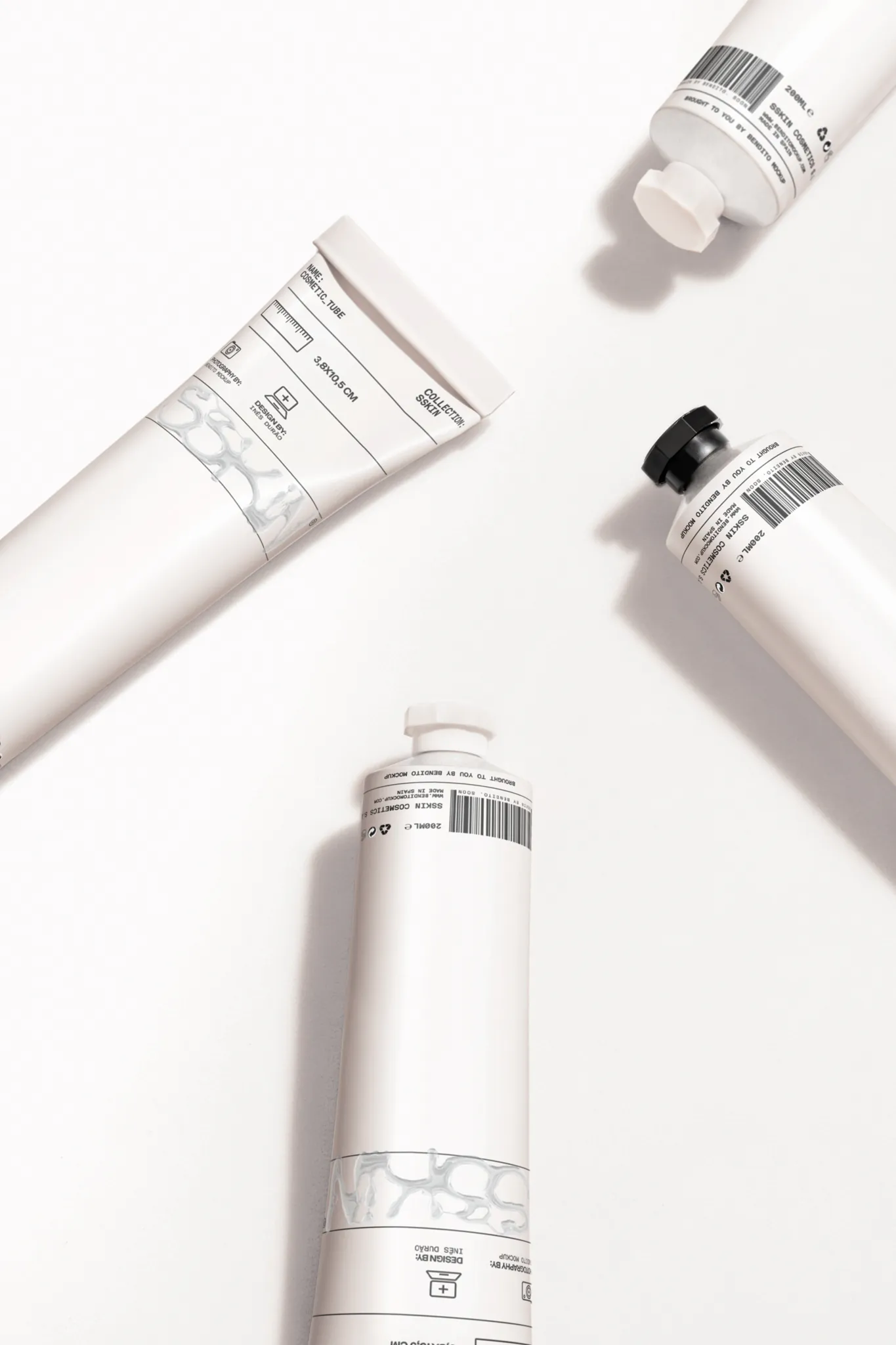 Set of cosmetic tubes mockup on a white surface. Cosmetic tube mockup. Skin care packaging mockup. Skin care PSD file. High-quality cosmetic tube mockup.