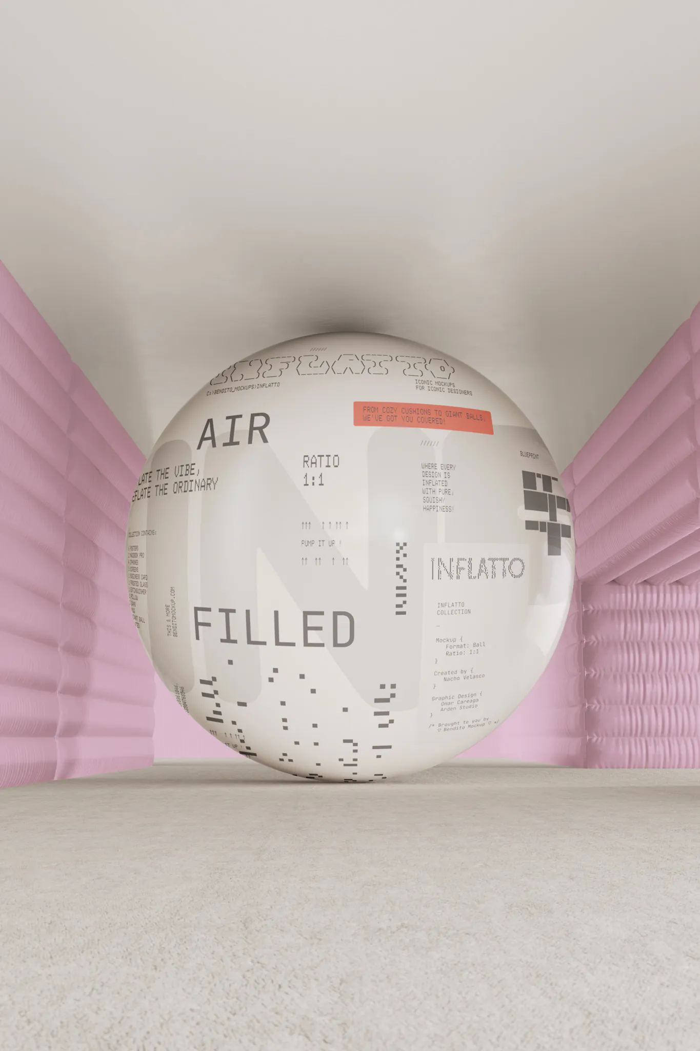 Giant plastic ball mockup in the middle of a room with off-white inflatable walls. Ball mockup. Ball PSD file. 3d mockup. Premium quality ball mockup.