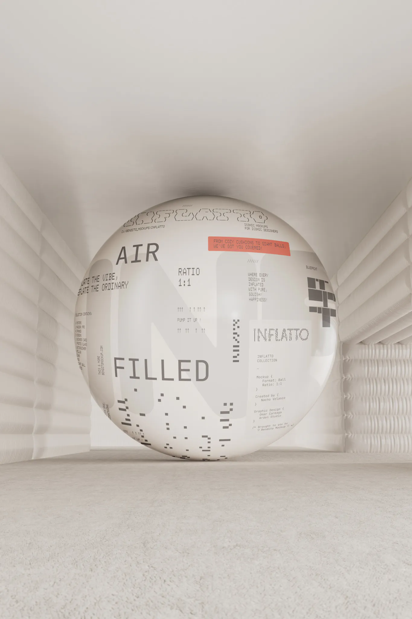 Giant plastic ball mockup in the middle of a room with off-white inflatable walls. Ball mockup. Ball PSD file. 3d mockup. Premium quality ball mockup.