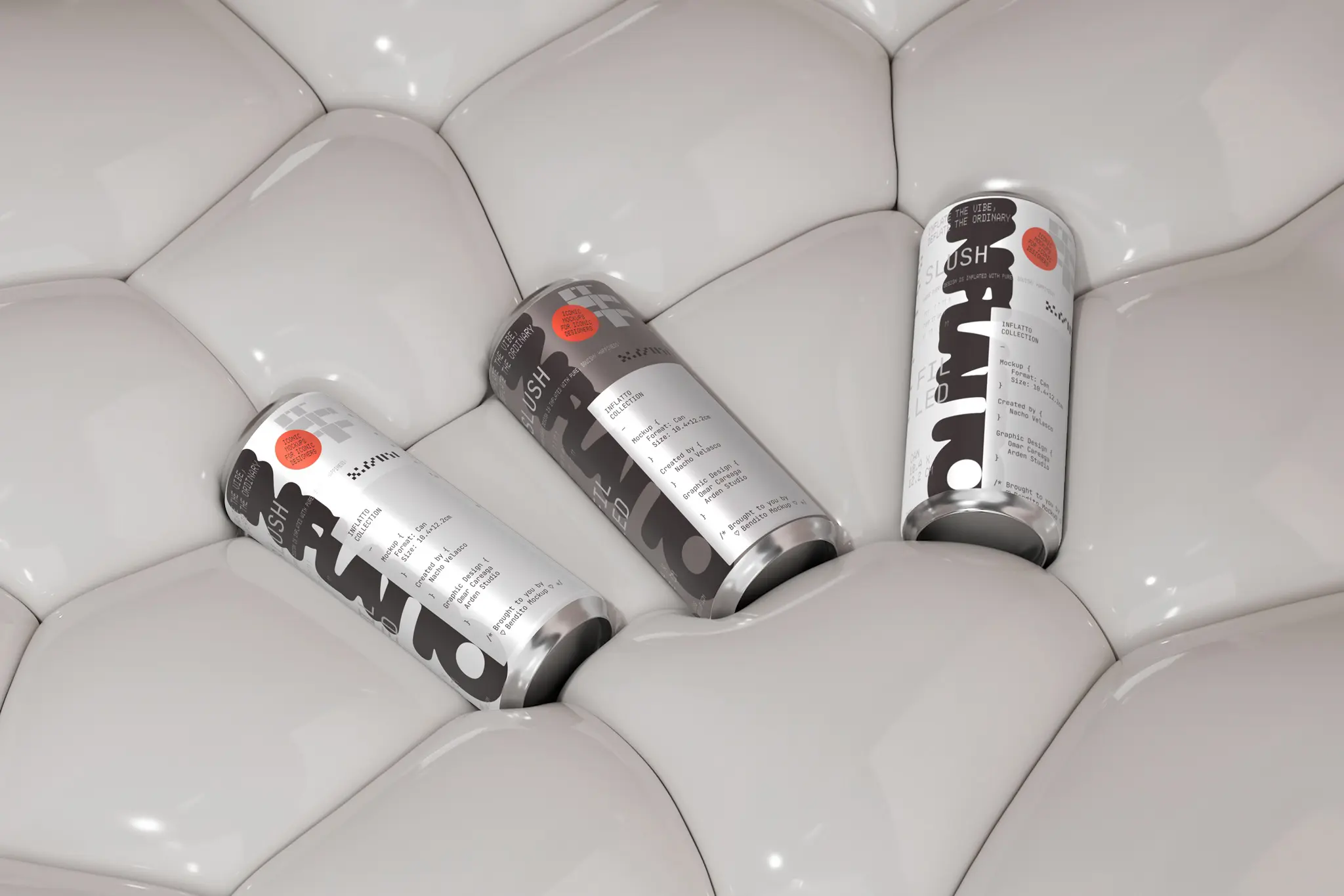 3 cans mockup that are rotating on an off-white puffy surface that is moving. Can mockup. Can mockup video. Can AE file. Packaging mockup. Animated can mockup. Premium quality packaging mockup.