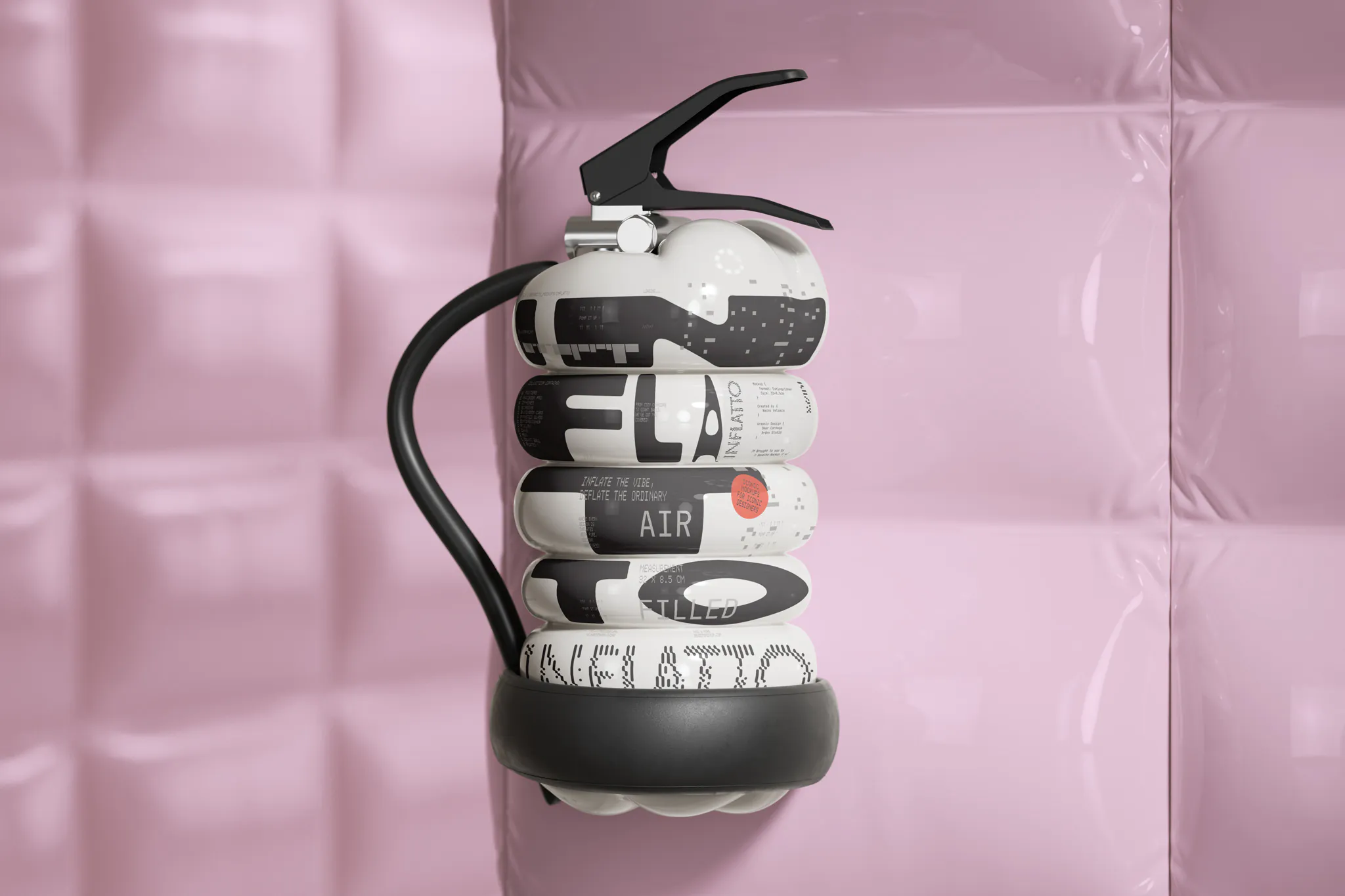 Inflatable extinguisher mockup which is hanging on an off-white infatable wall. Extinguisher mockup. Extinguisher PSD file. 3d mockup. High-quality extinguisher mockup.