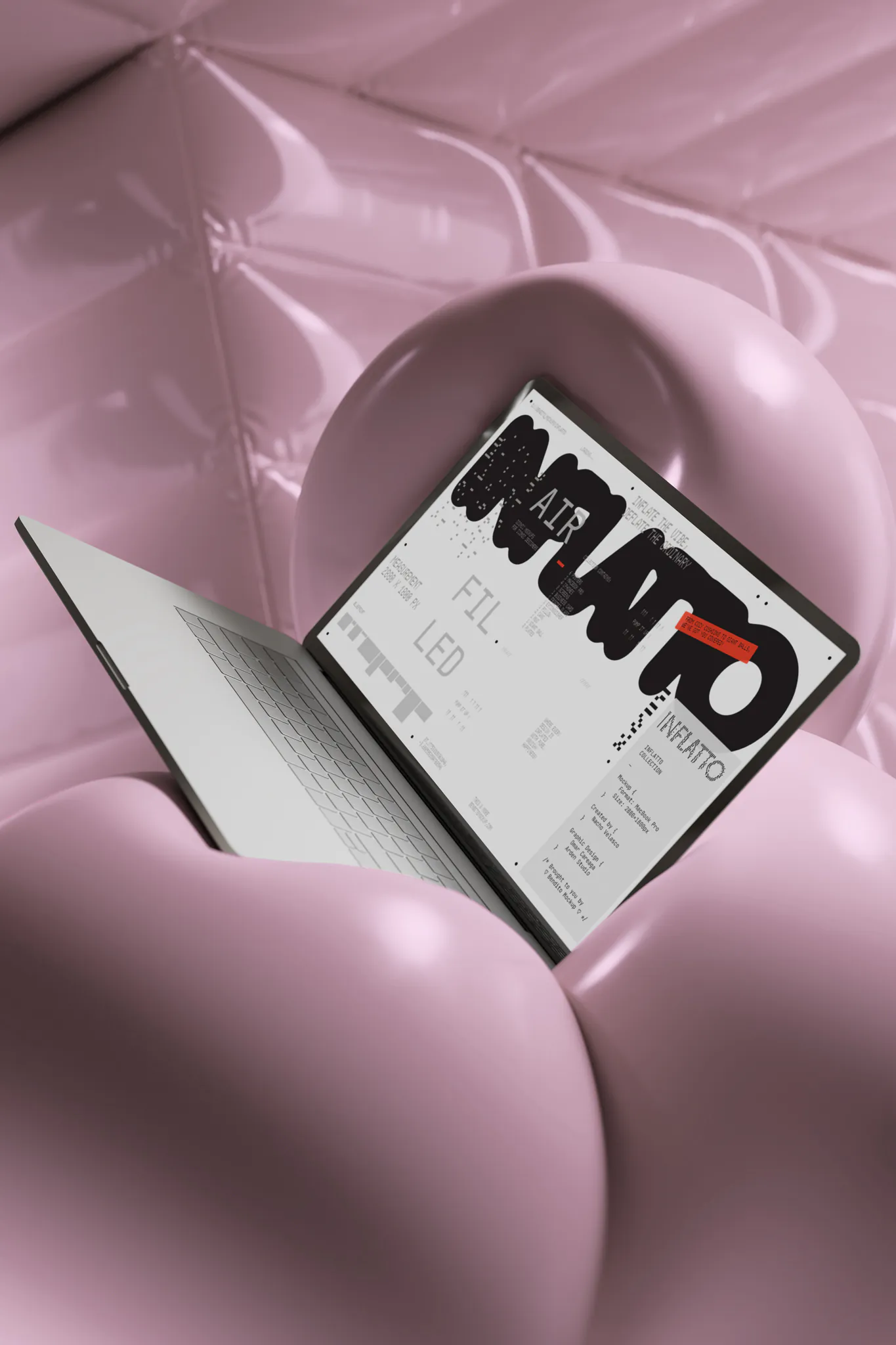 MacBook mockup on top of off-white giant neumatic balls with a white padded neumatic wall behind. MacBook mockup. MacBook PSD file. Device mockup. 3d mockup. Premium quality MacBook mockup.