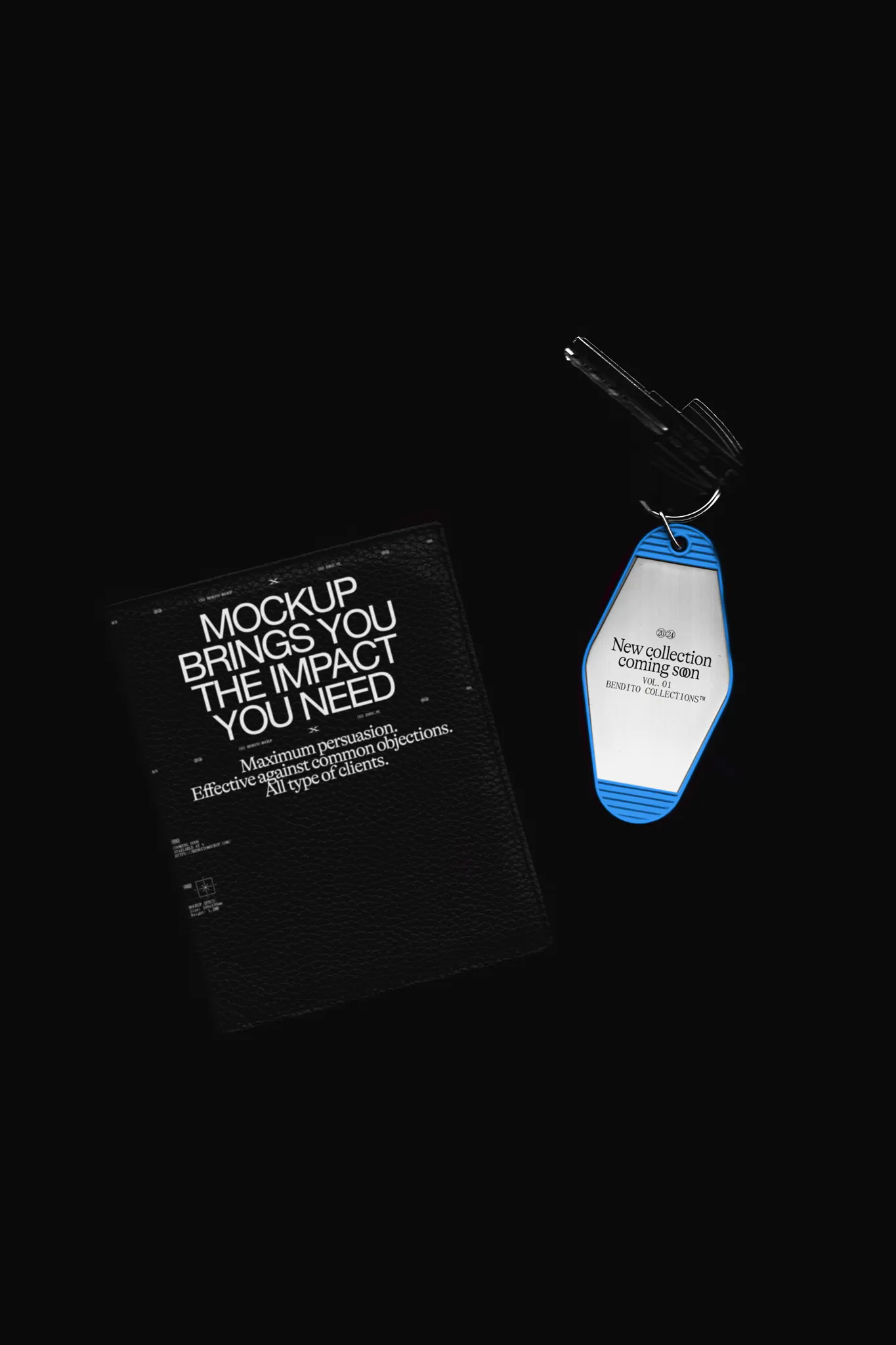 Premium keychain mockup with key and black wallet on black background. Minimalist style for showcasing brand identity and designs. High quality premium mockup.