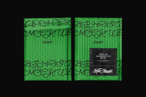Two bubble mailer mockup with sticker on top, scanned mail envelope on black background, mockup to showcase branding and marketing designs on mailing packaging for e-commerce, shipping, and business presentations.
