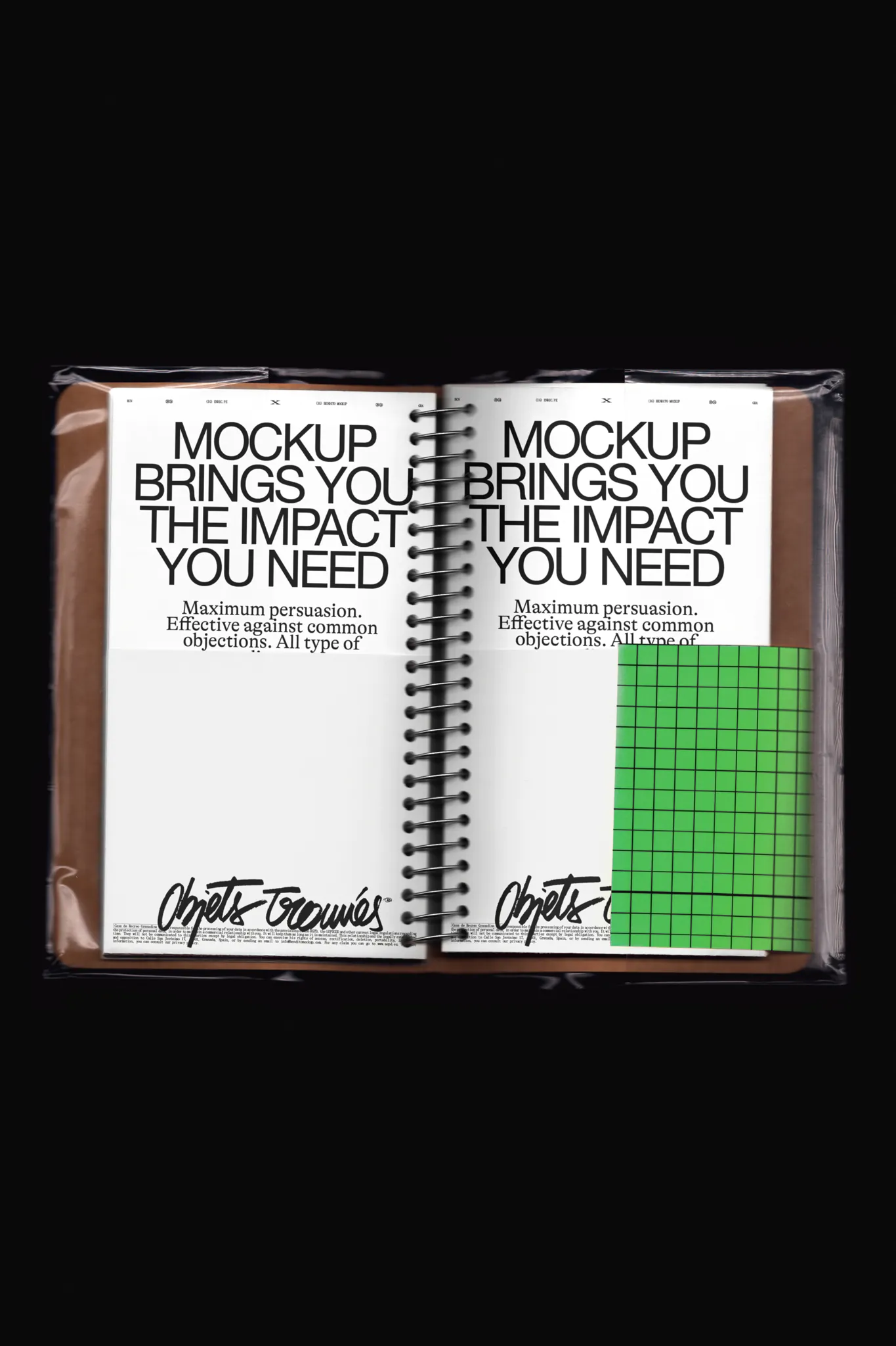 Open notebook mockup with a yellow sticker on top, mockup of an open notebook wrapped in a plastic bag, mockup of a cardboard notebook, scanned notebook mockup, scanned book mockup, high quality mockup, PSD editable file.