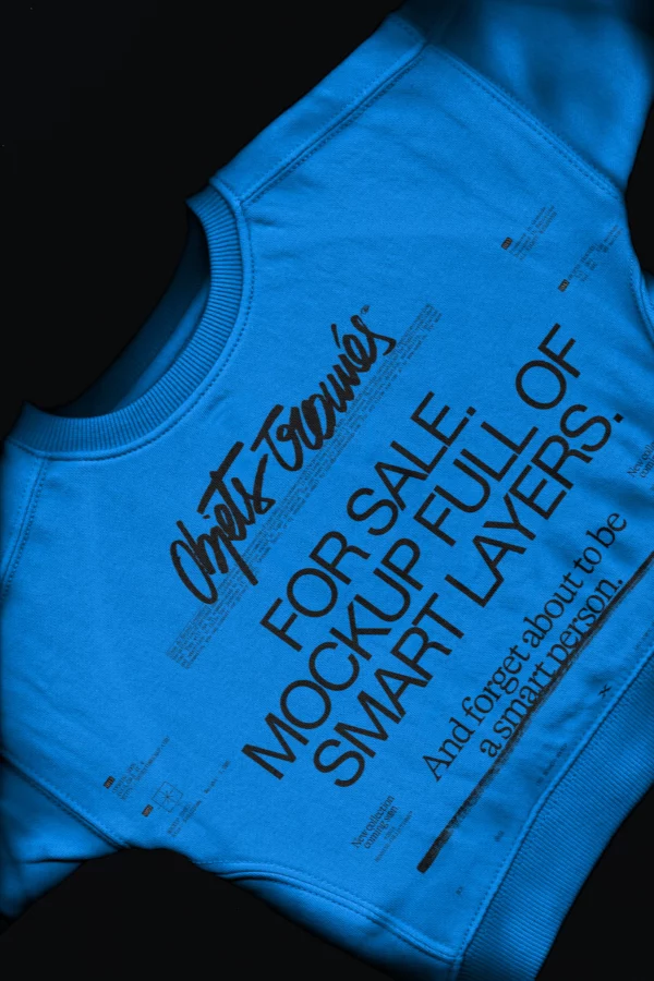 Scanned sweatshirt mockup, jumper mockup placed on a black background, minimalist sweatshirt mockup with adjustable colors and artworks, real shadows and lights, high quality mockup.