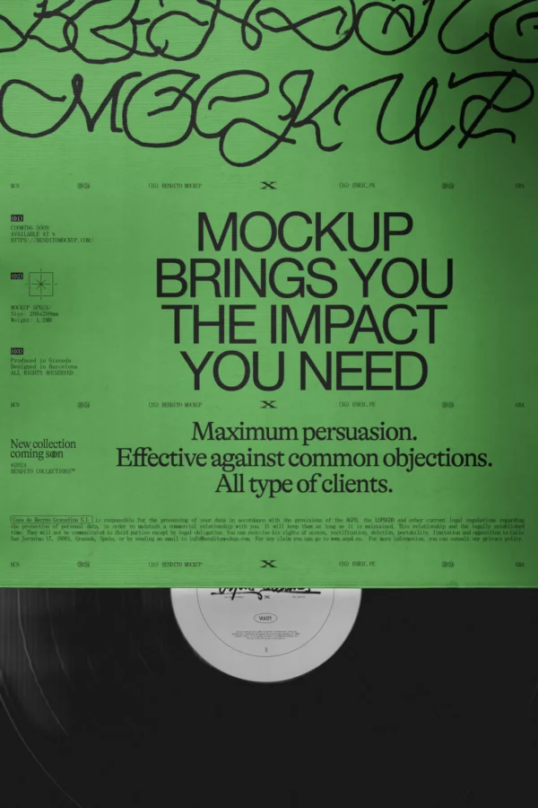 Vinyl record cover mockup, open vinyl mockup showcasing the interior vinyl, minimalist vinyl mockup, vinyl record mockup with scanned effect, high quality mockup for Adobe Photoshop.