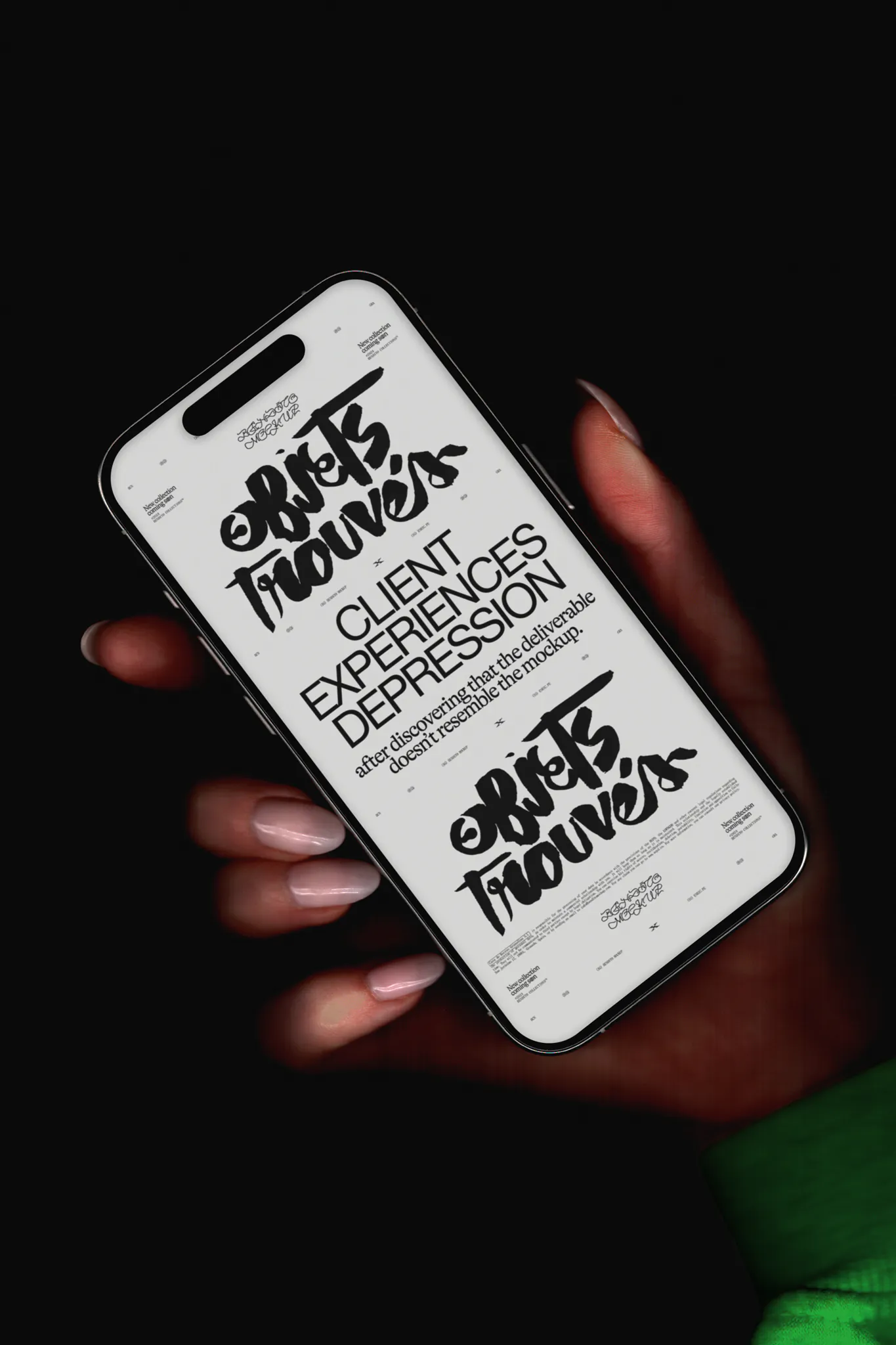 iPhone mockup being held by a human hand, iPhone mockup with scanned effect, device mockup with scanned texture, high resolution iPhone mockup being grasped by a hand with beautiful nails. PSD editable file.